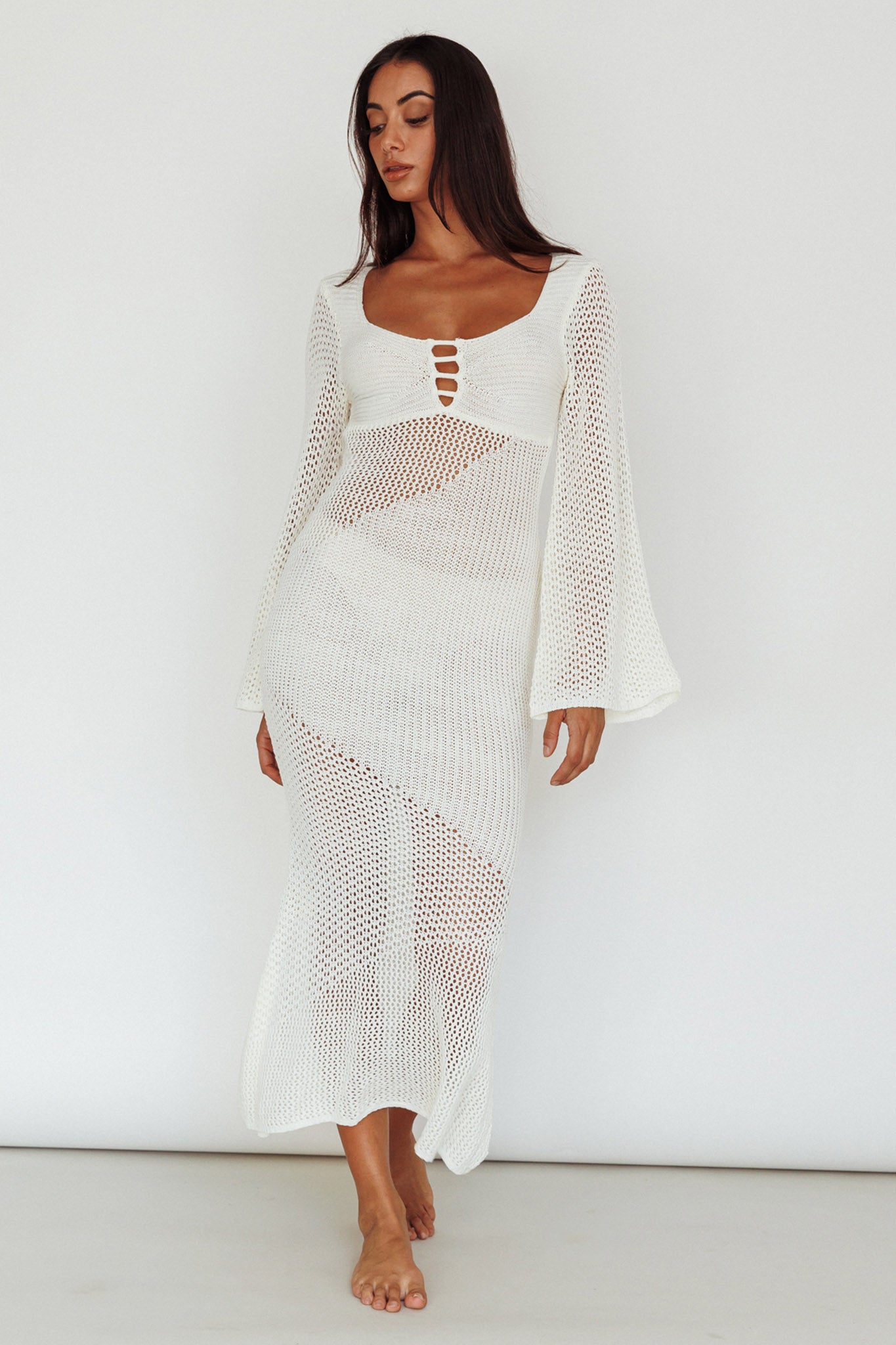 Zizi Long Sleeve Crochet Maxi Dress White-Fable Dress