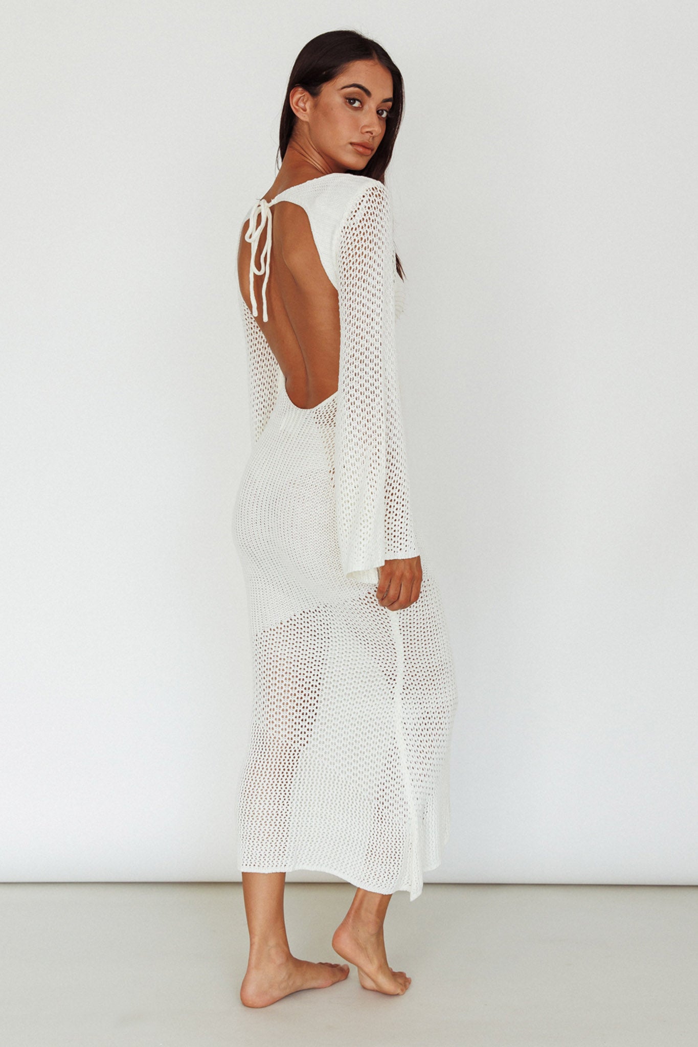 Zizi Long Sleeve Crochet Maxi Dress White-Fable Dress