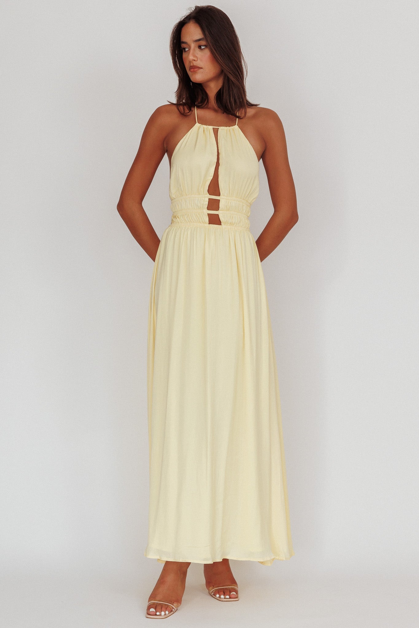 Cyndi Open Back Halterneck Maxi Dress Light Yellow-Fable Dress