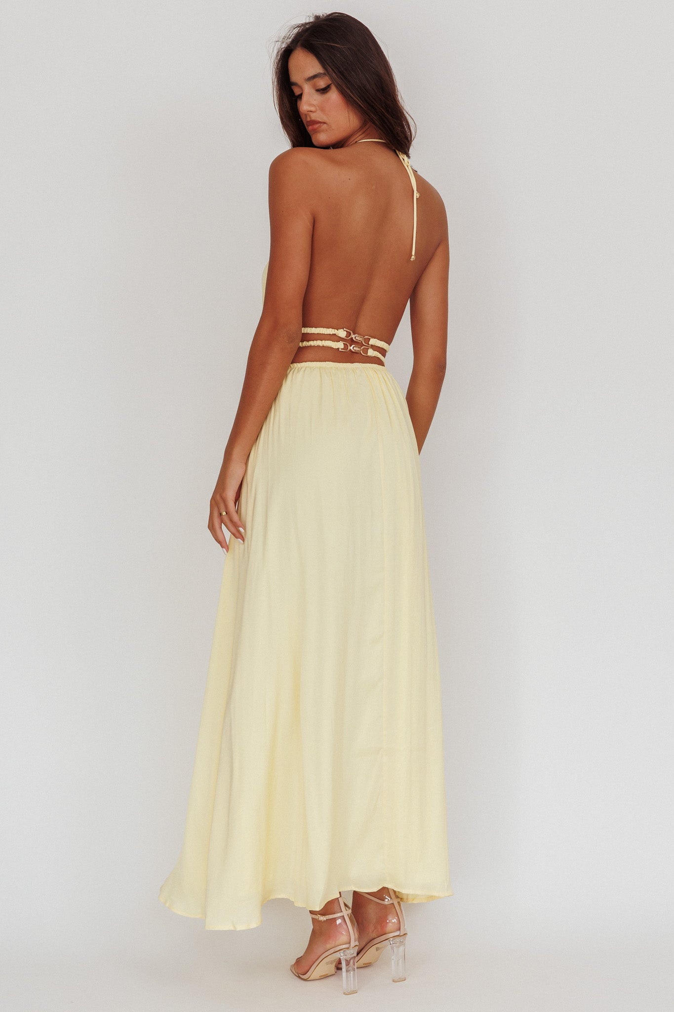 Cyndi Open Back Halterneck Maxi Dress Light Yellow-Fable Dress