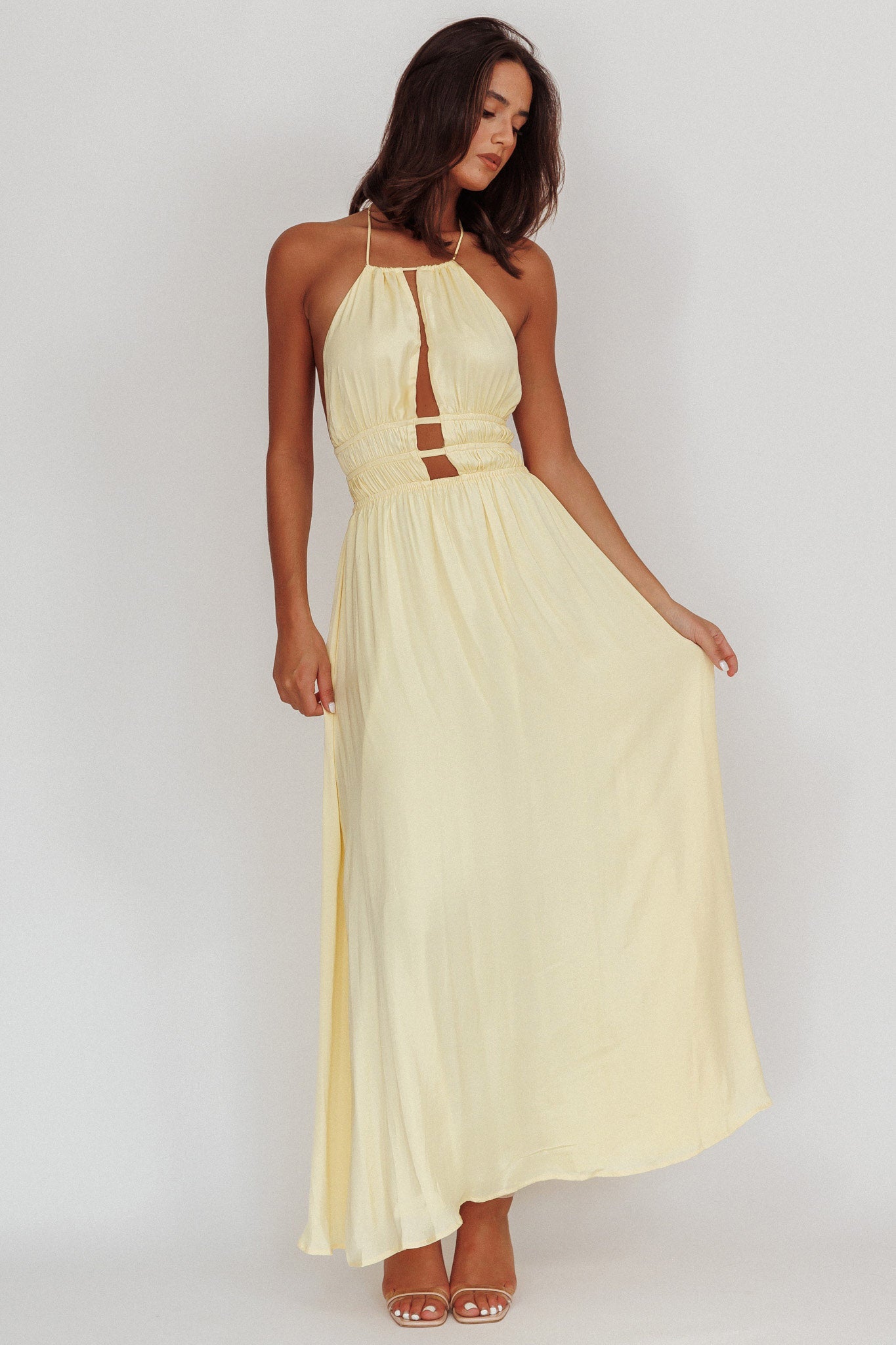 Cyndi Open Back Halterneck Maxi Dress Light Yellow-Fable Dress