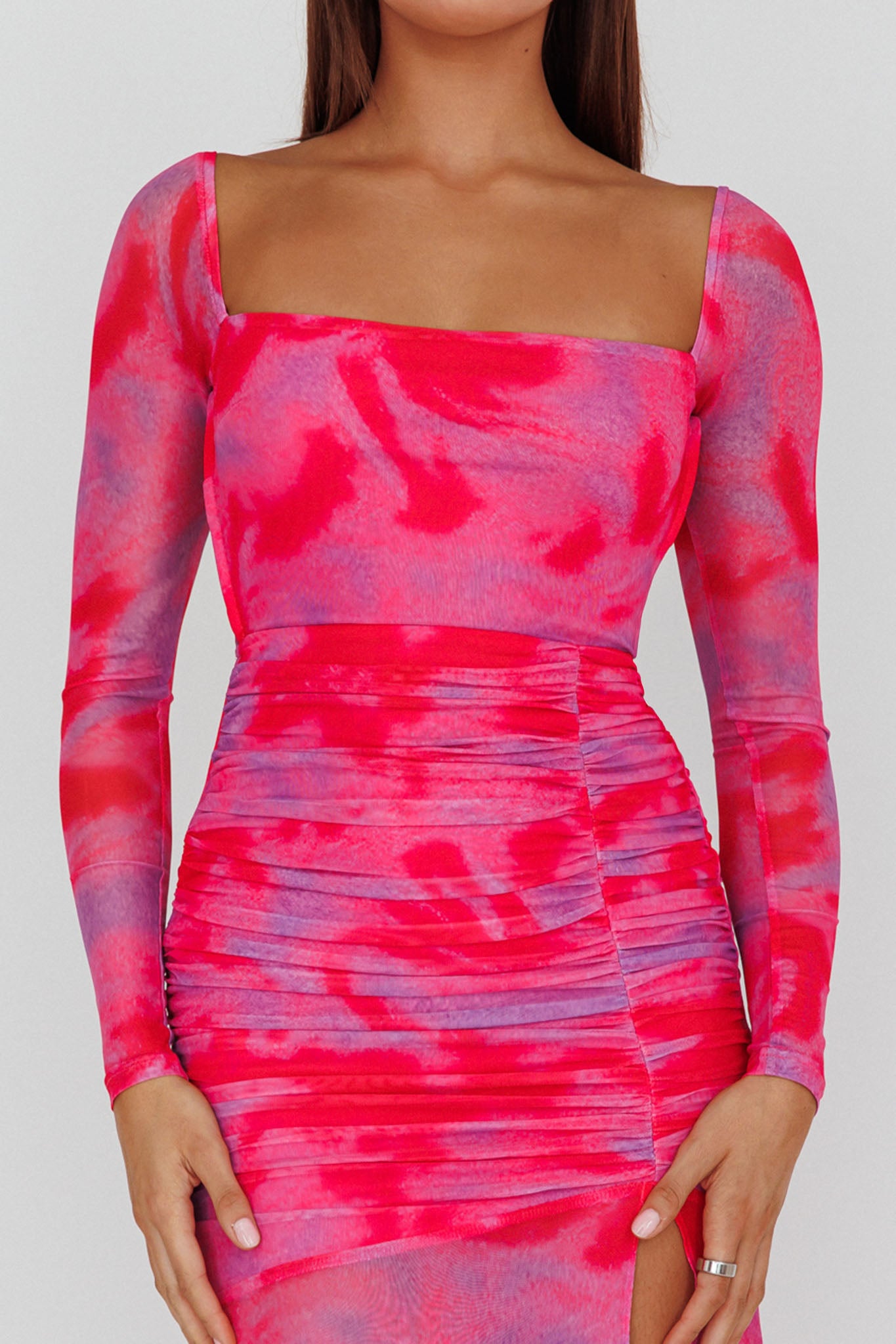 Apryl Long Sleeve Lace-Up Back Maxi Dress Pink-Fable Dress