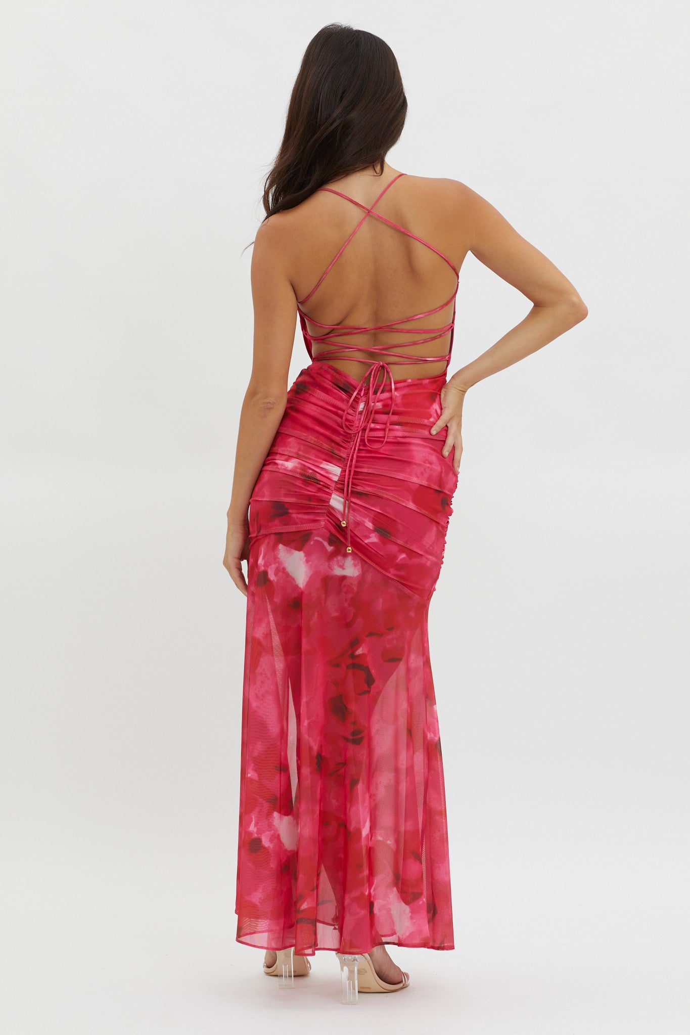 Apryl Ruched Lace-Up Back Dress Pink-Fable Dress