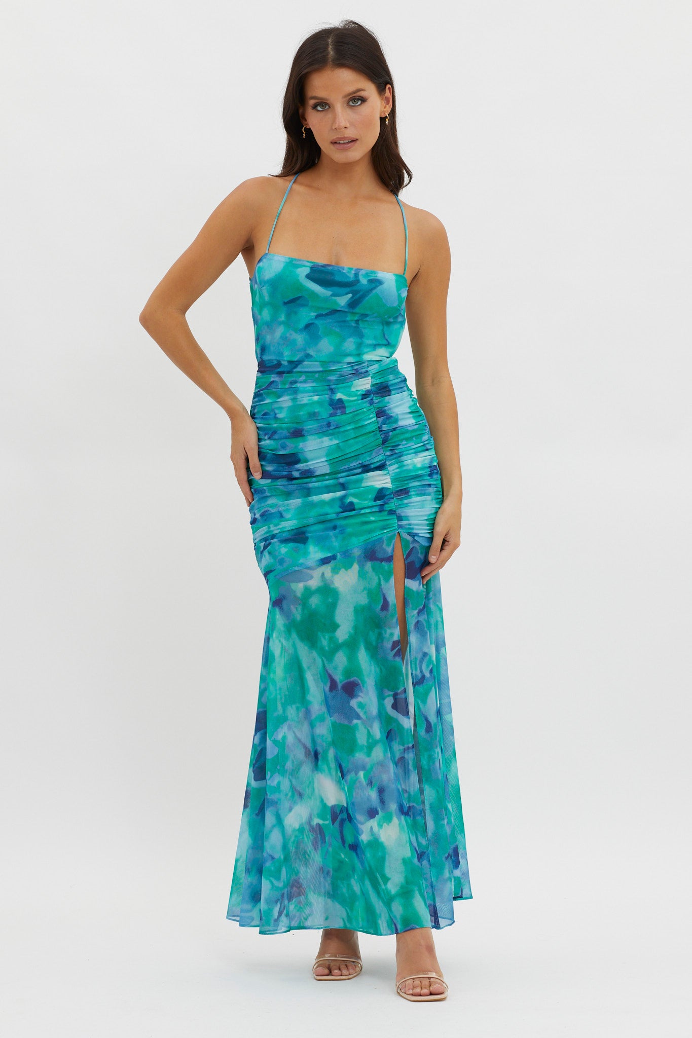 Apryl Ruched Lace-Up Back Dress Green-Fable Dress