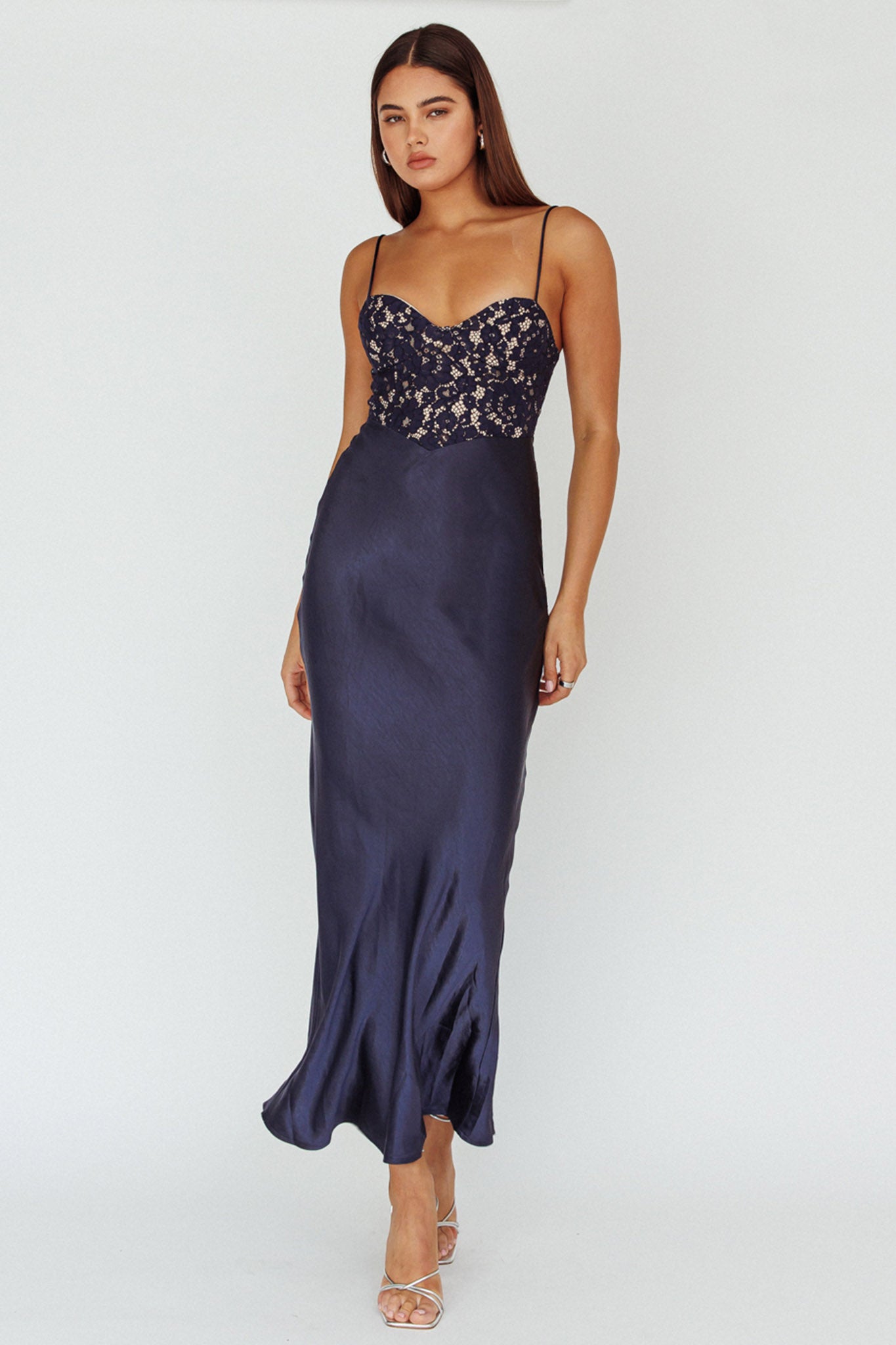Evening Star Lace Bodice Maxi Dress Navy-Fable Dress