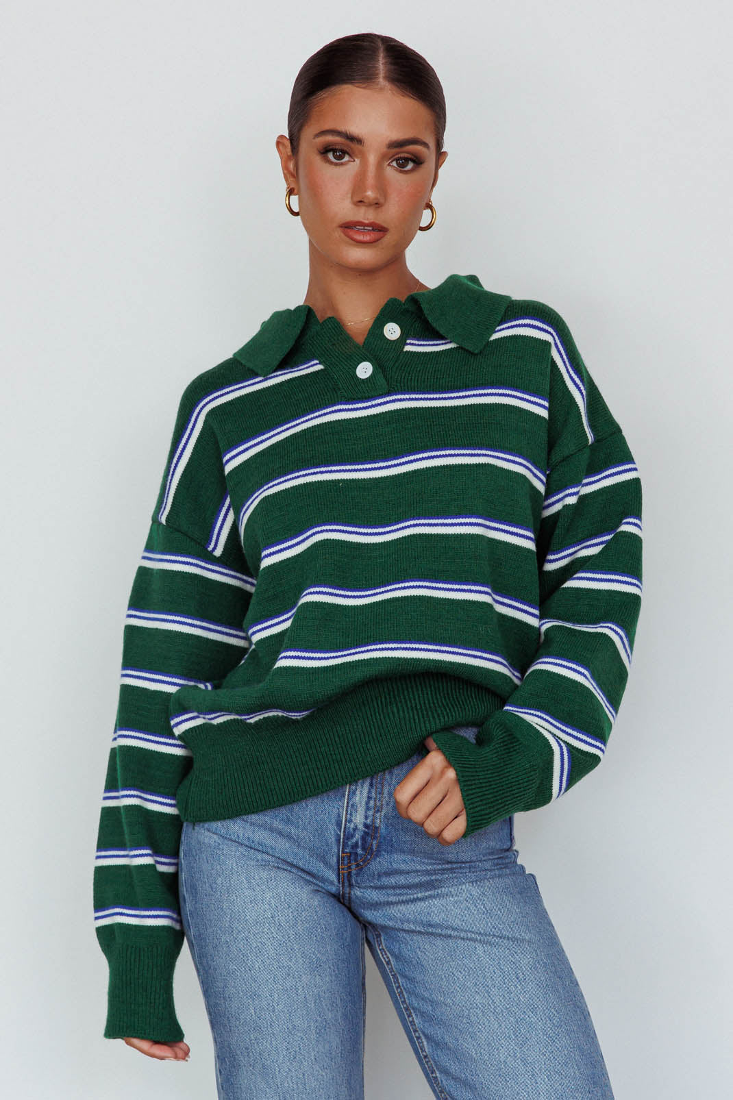 Boston Collared Knit Sweater Striped Forest Green-Fable Dress