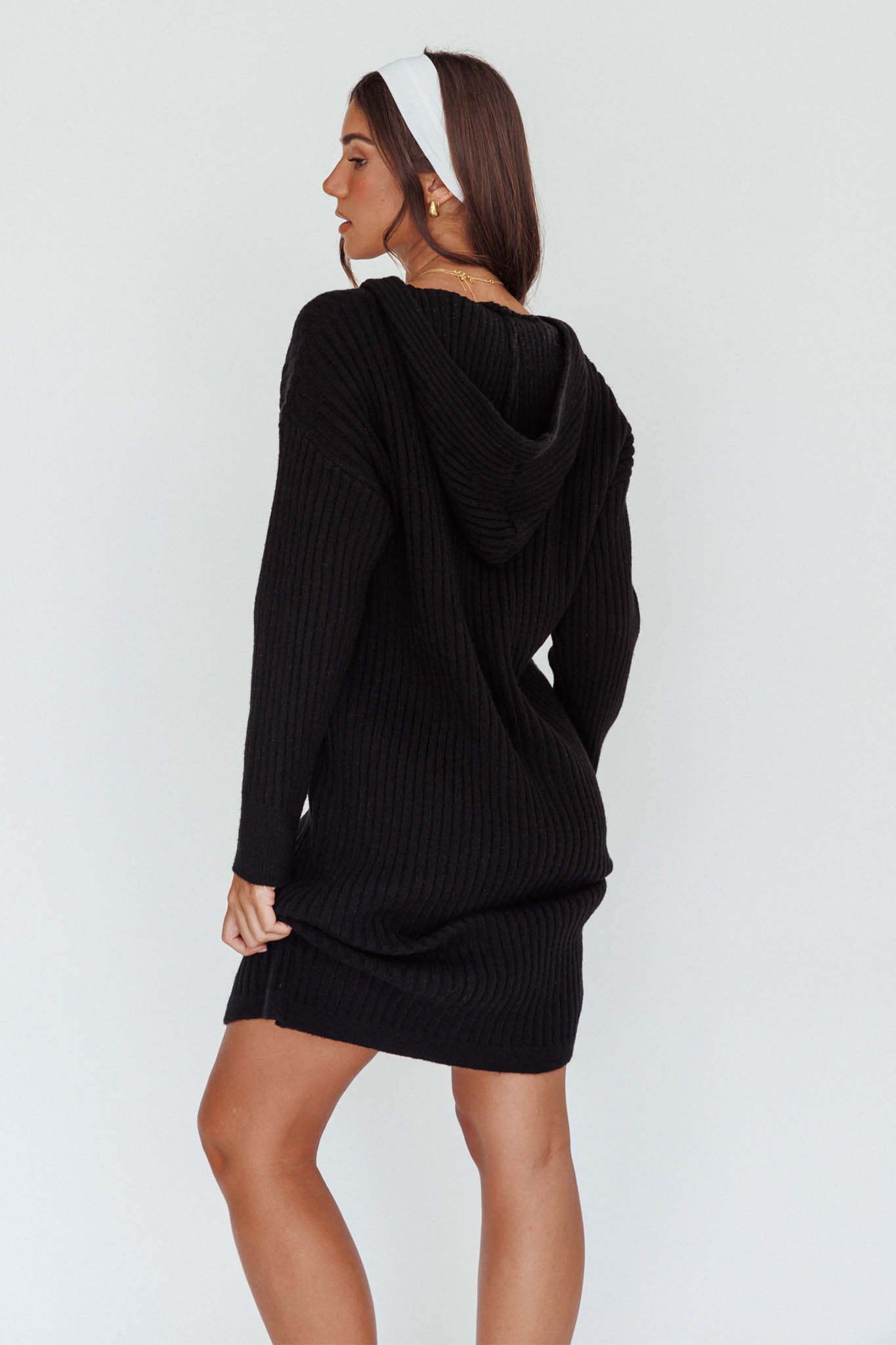 Autumn Hooded Sweater Midi Dress Black-Fable Dress