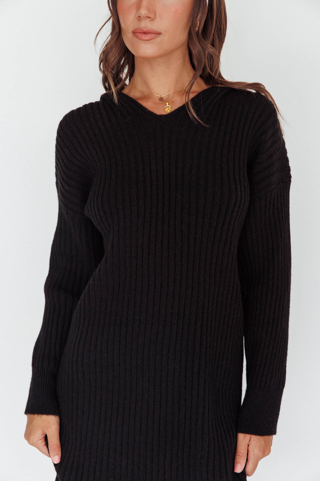 Autumn Hooded Sweater Midi Dress Black-Fable Dress