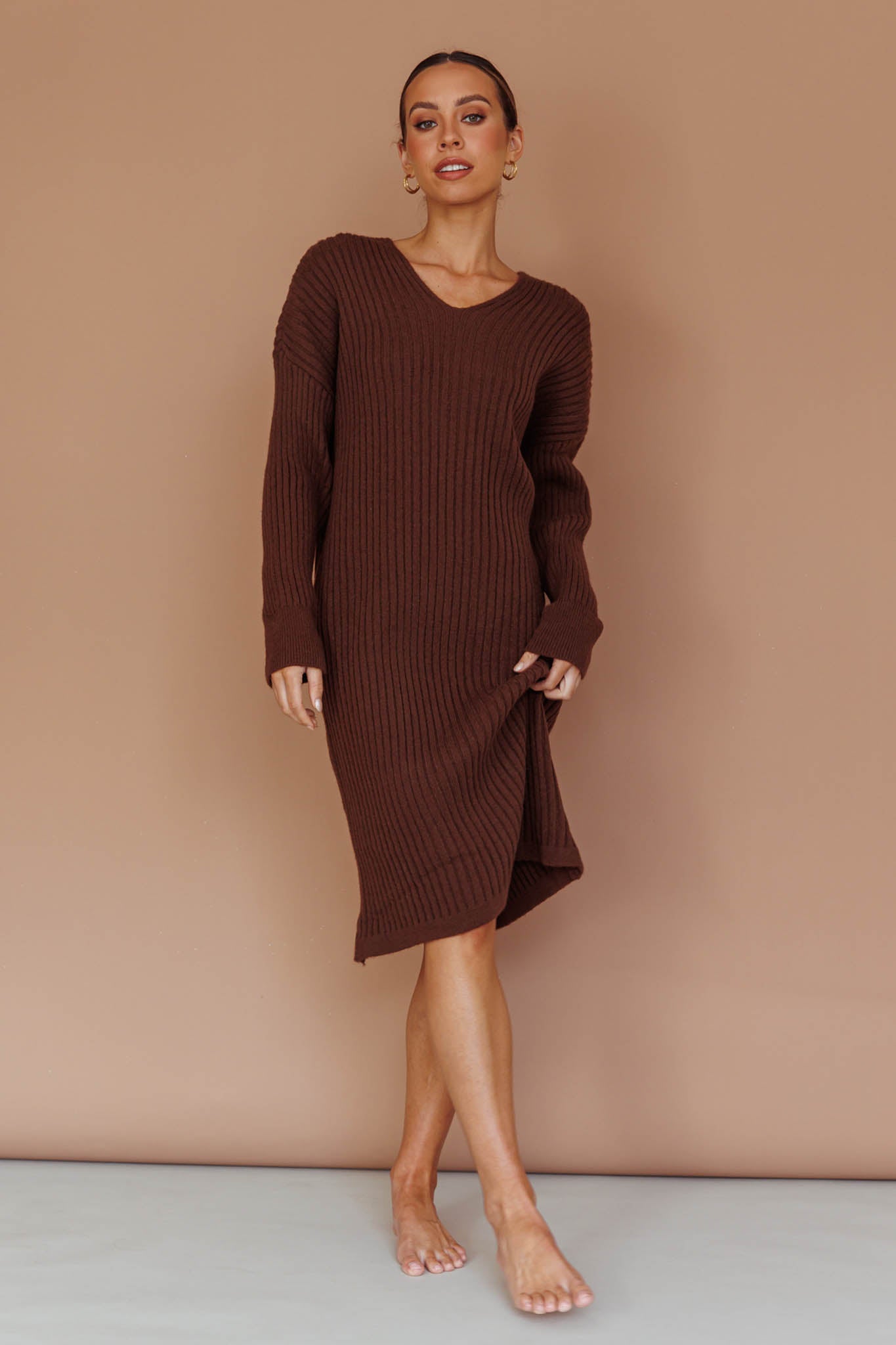 Autumn Hooded Sweater Midi Dress Chocolate-Fable Dress