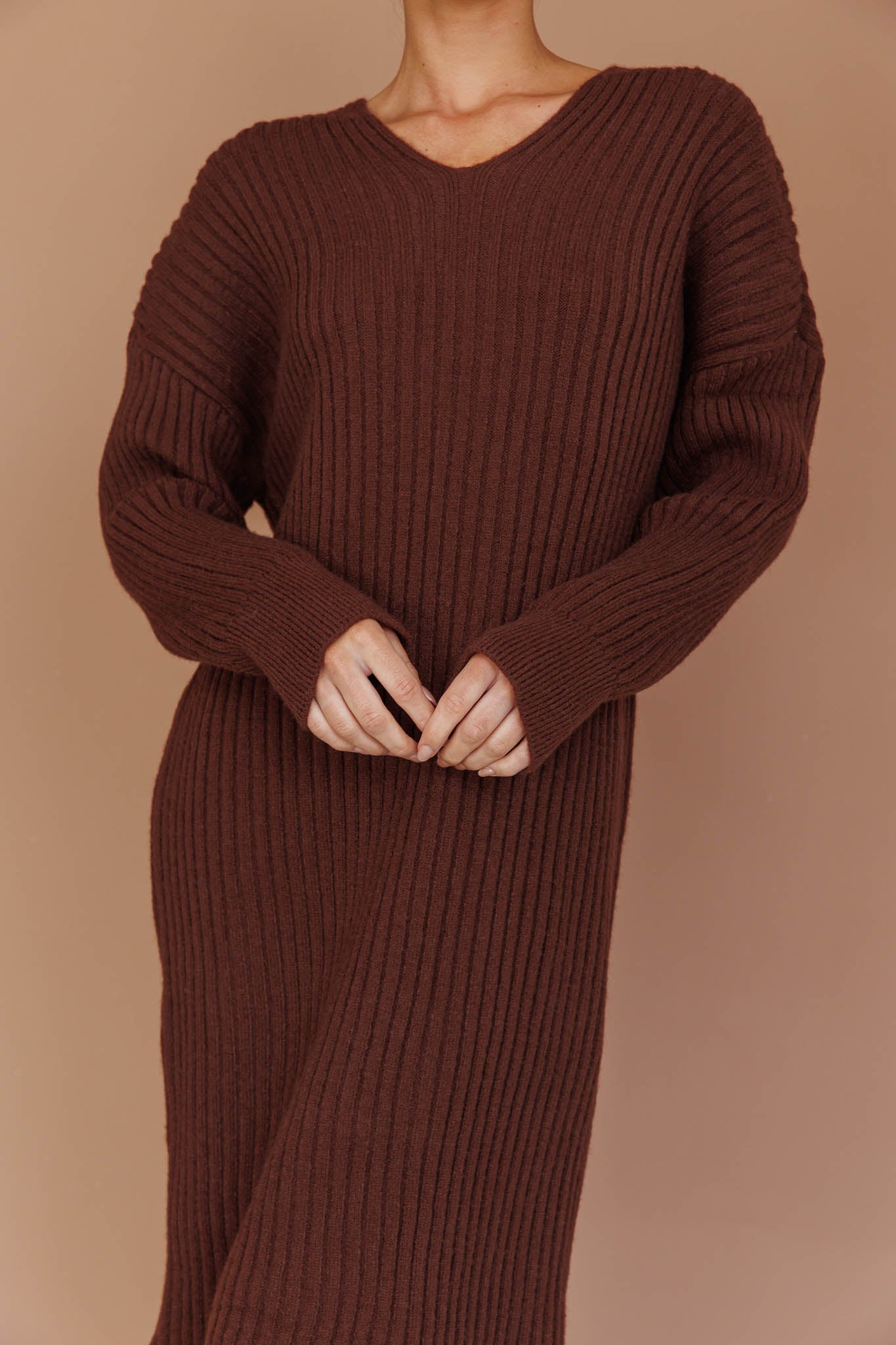 Autumn Hooded Sweater Midi Dress Chocolate-Fable Dress