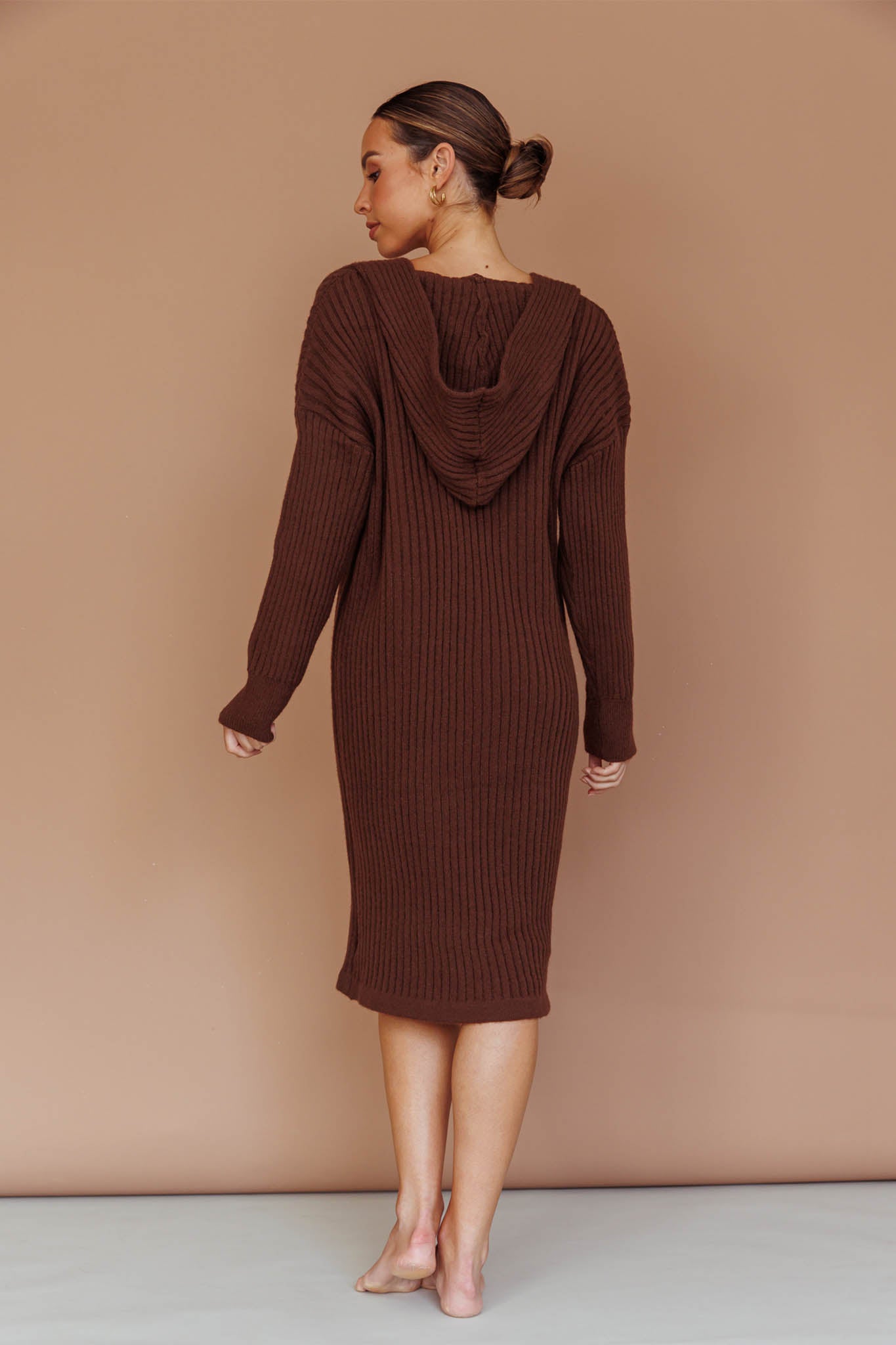 Autumn Hooded Sweater Midi Dress Chocolate-Fable Dress