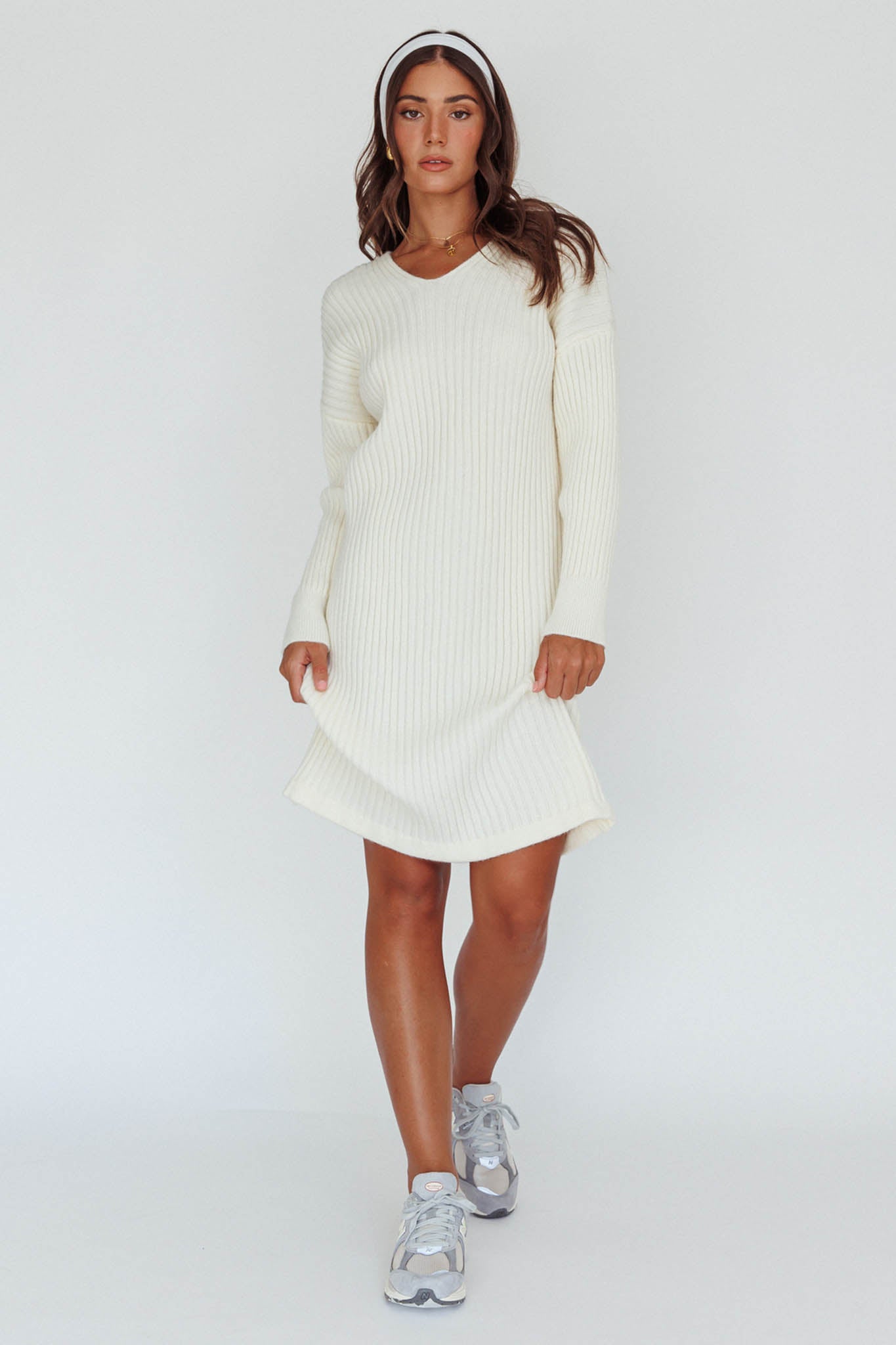 Autumn Hooded Sweater Midi Dress White-Fable Dress