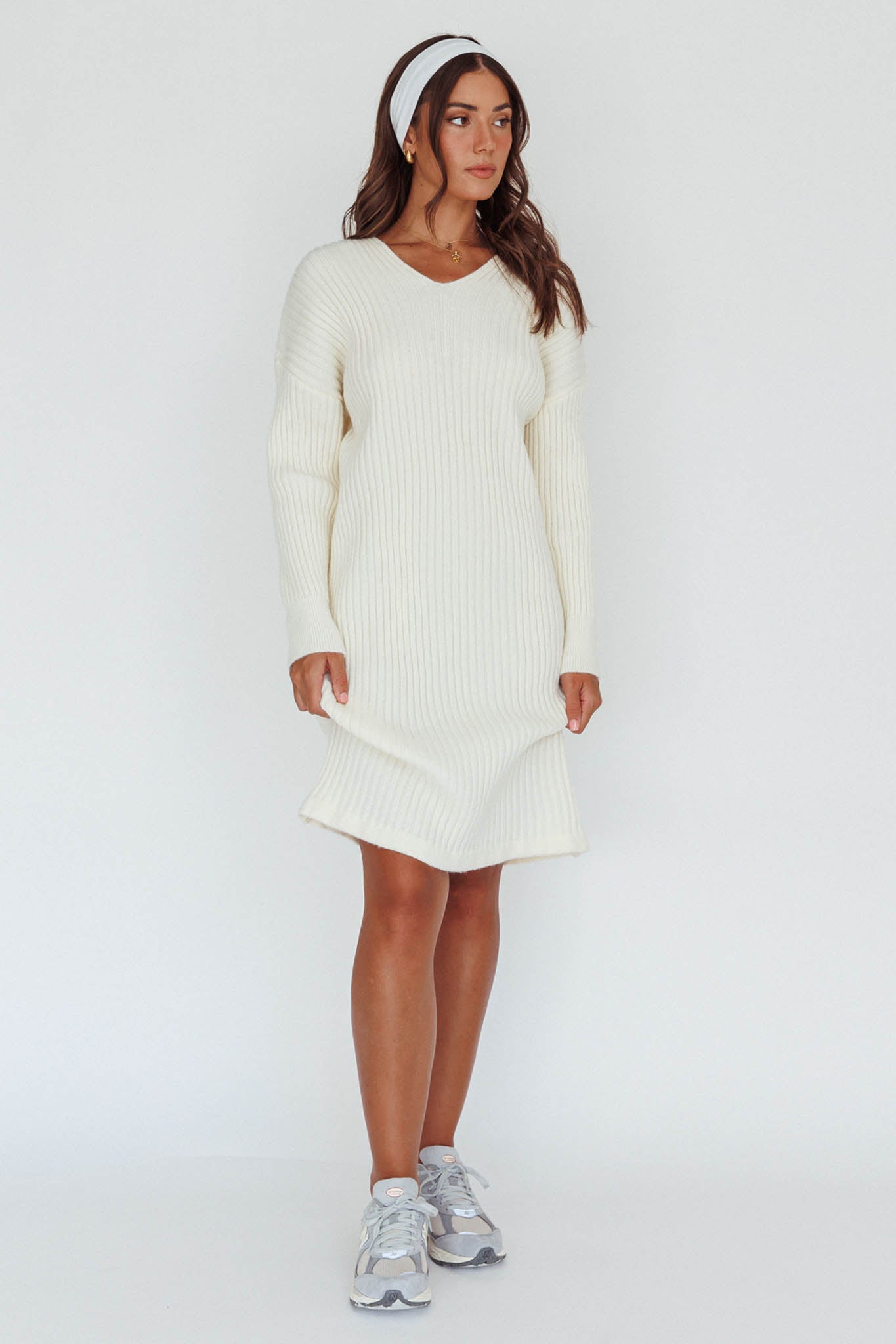Autumn Hooded Sweater Midi Dress White-Fable Dress