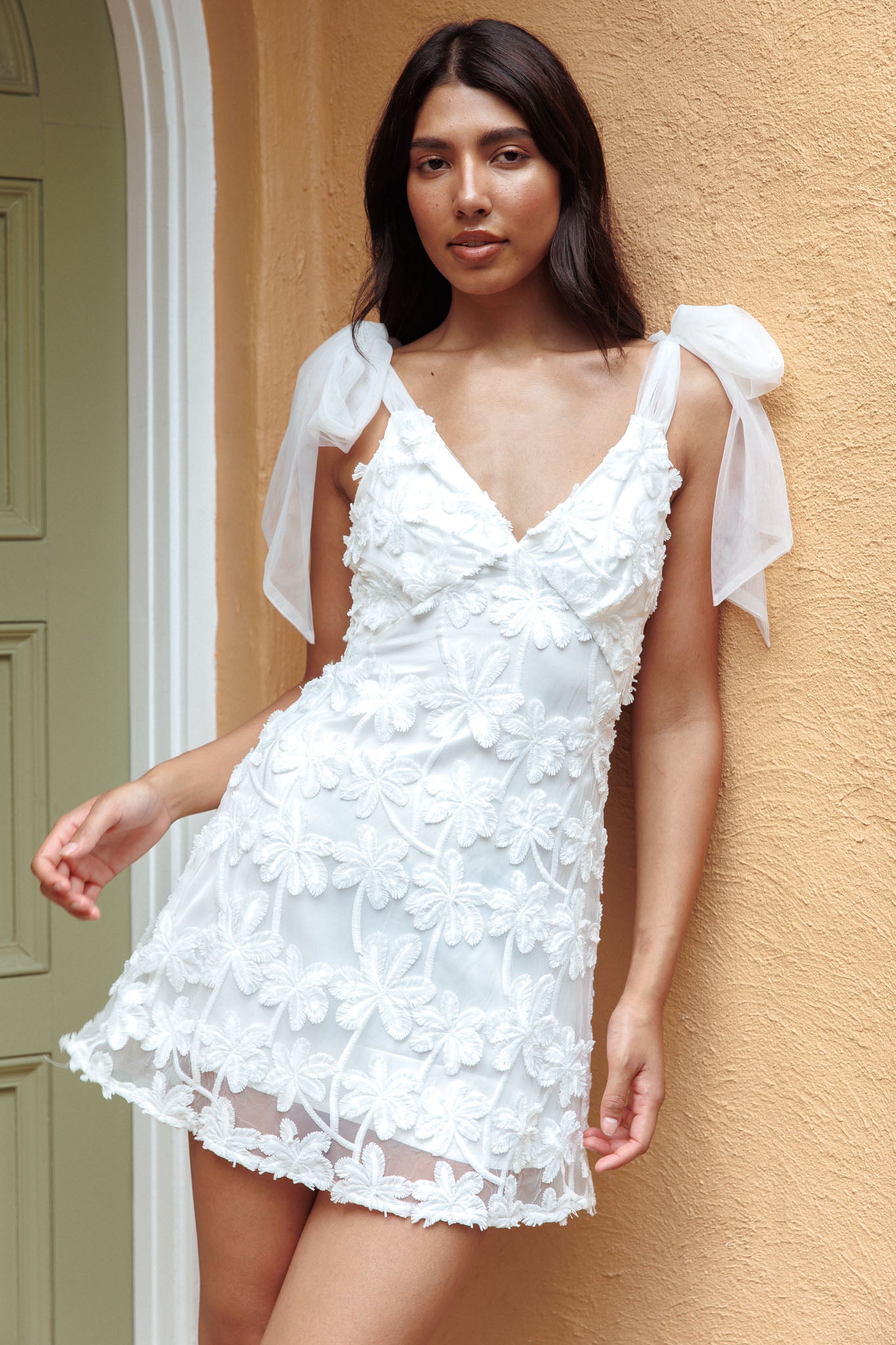 Mykonos Morning Tied Shoulder Embellished Mini Dress White-Fable Dress