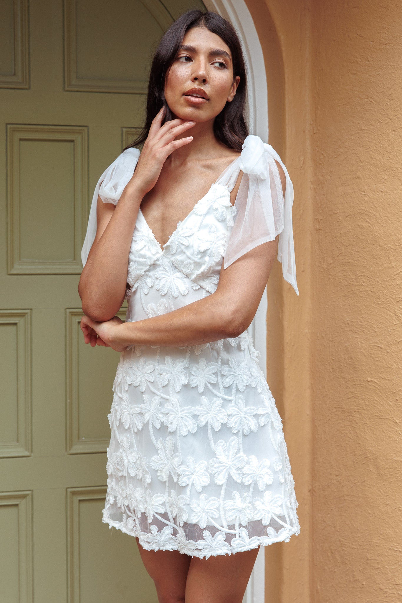 Mykonos Morning Tied Shoulder Embellished Mini Dress White-Fable Dress