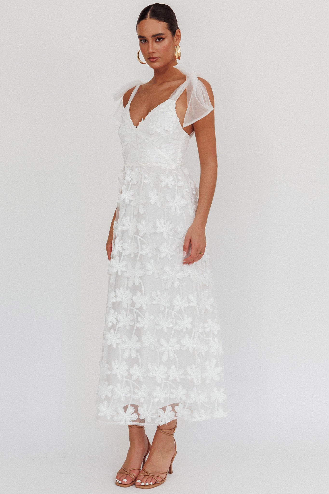 Mykonos Morning Tied Shoulder Tree Maxi Dress White-Fable Dress