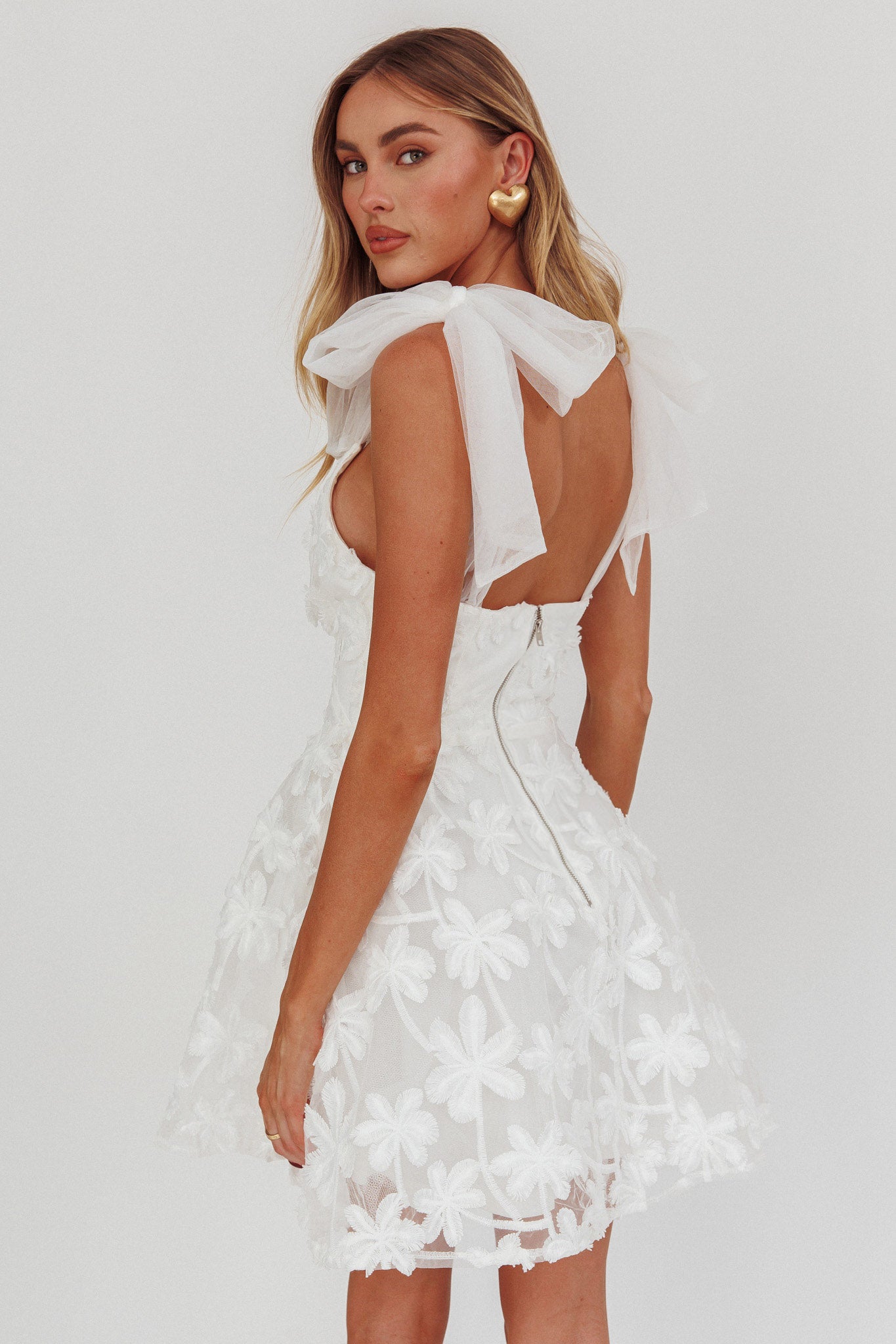 Mykonos Morning Tied Shoulder Mini Dress Embroidered Palm White-Fable Dress