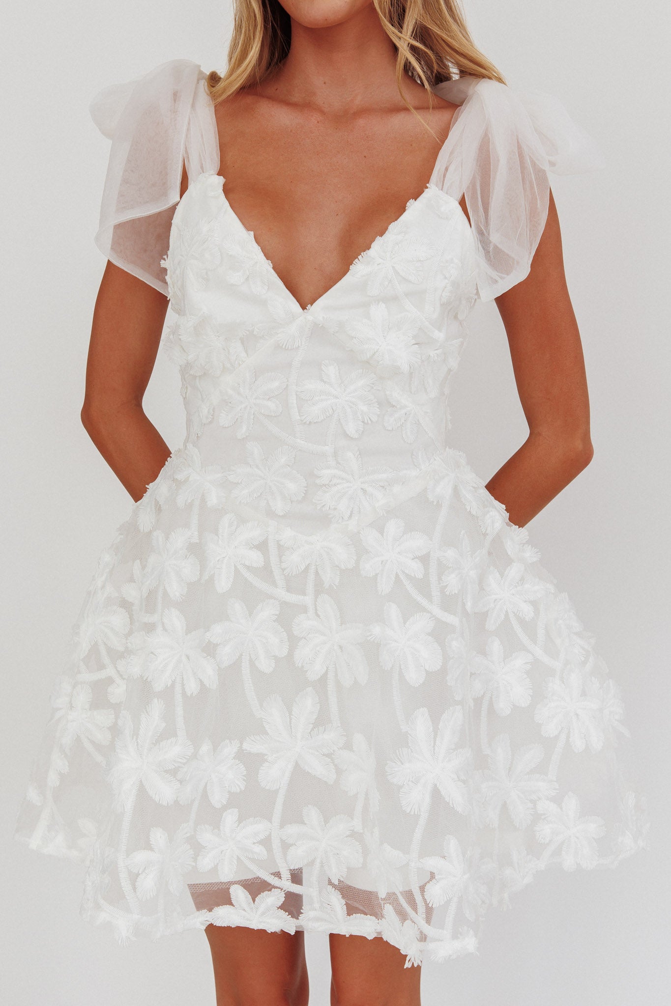 Mykonos Morning Tied Shoulder Mini Dress Embroidered Palm White-Fable Dress