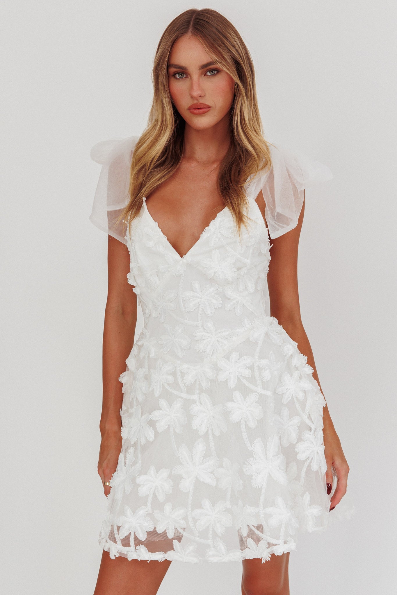 Mykonos Morning Tied Shoulder Mini Dress Embroidered Palm White-Fable Dress