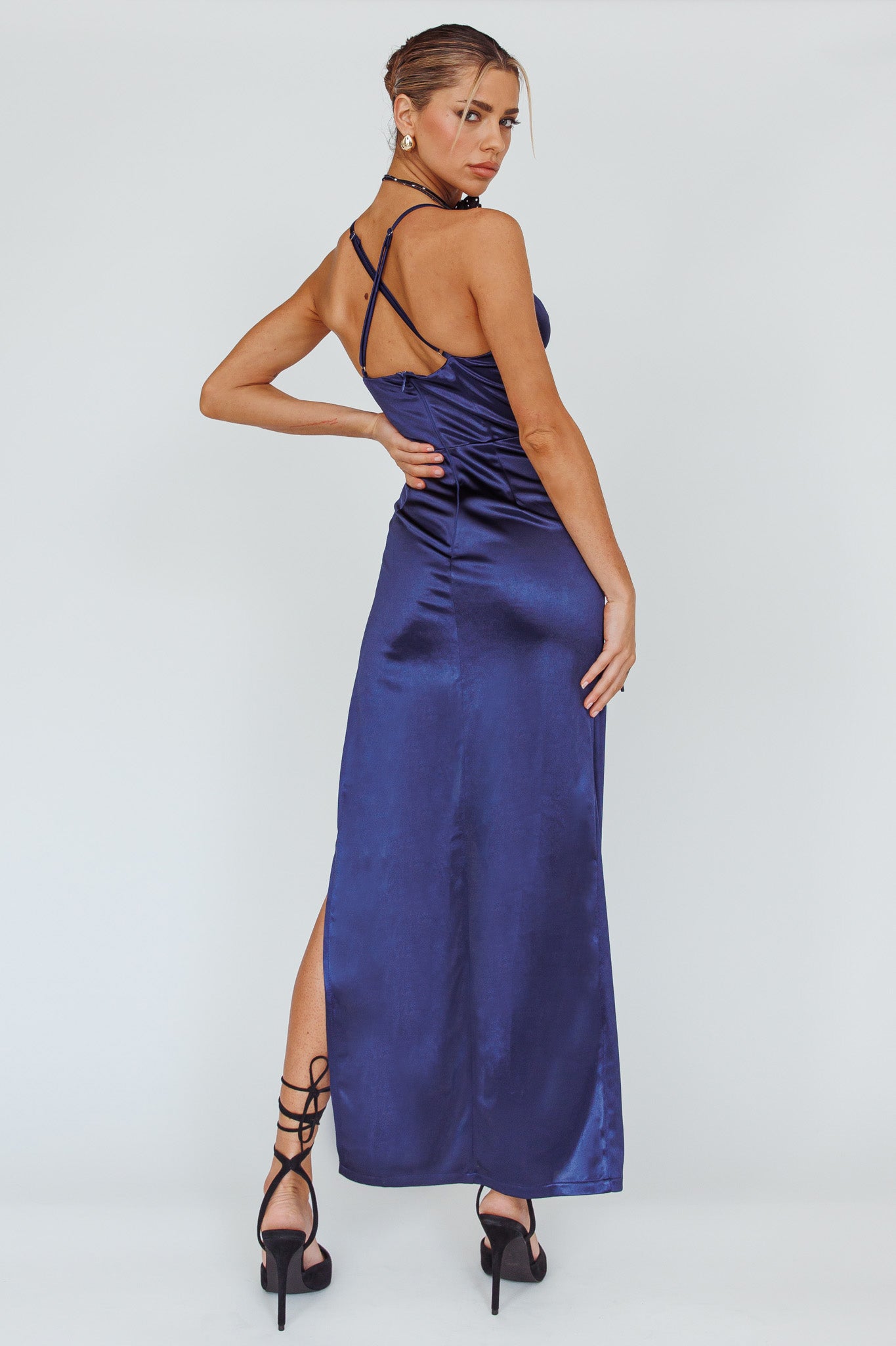Cierra Thigh Split Maxi Dress Navy-Fable Dress