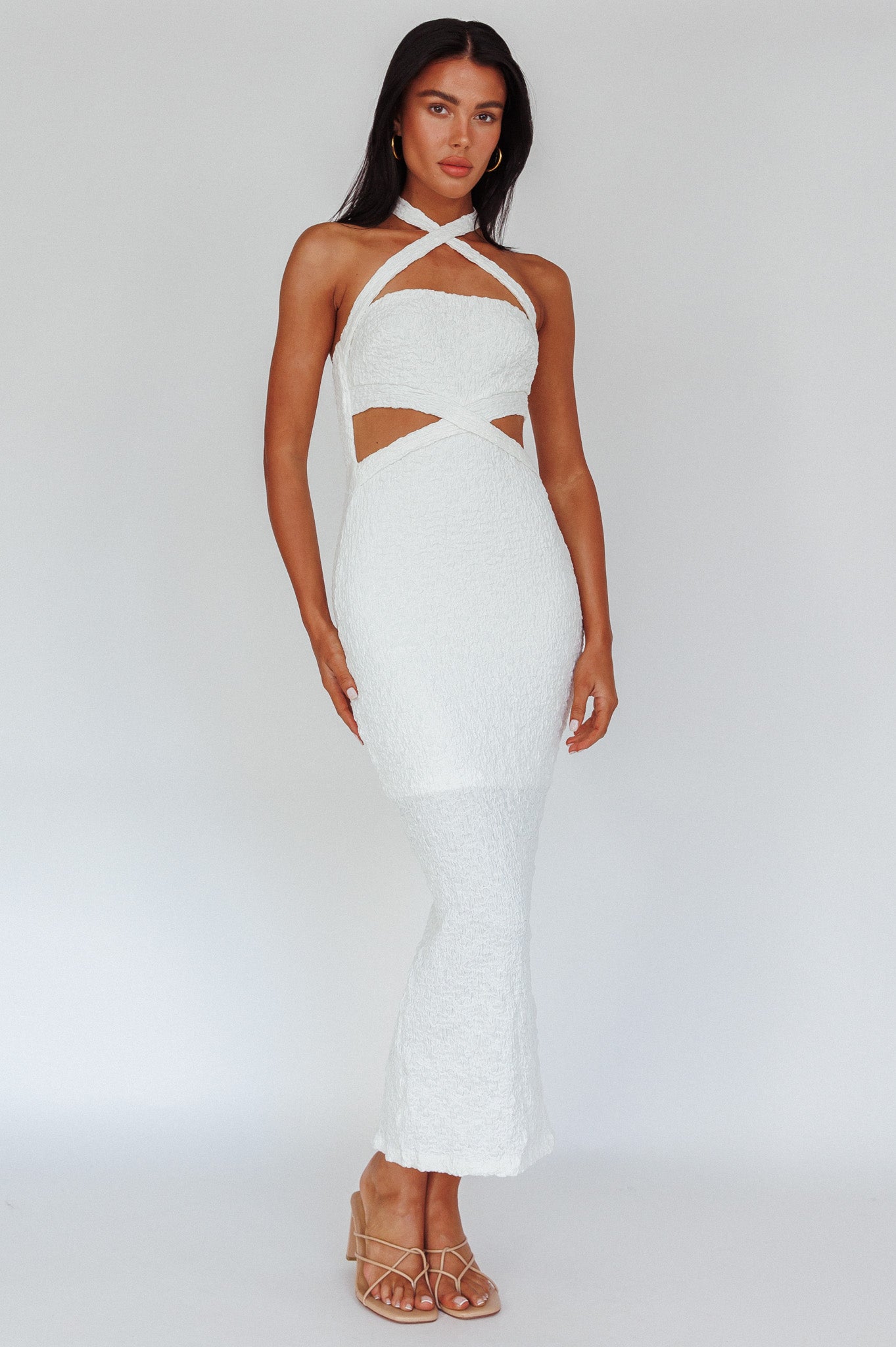Zadriana Halterneck Textured Midi Dress White-Fable Dress
