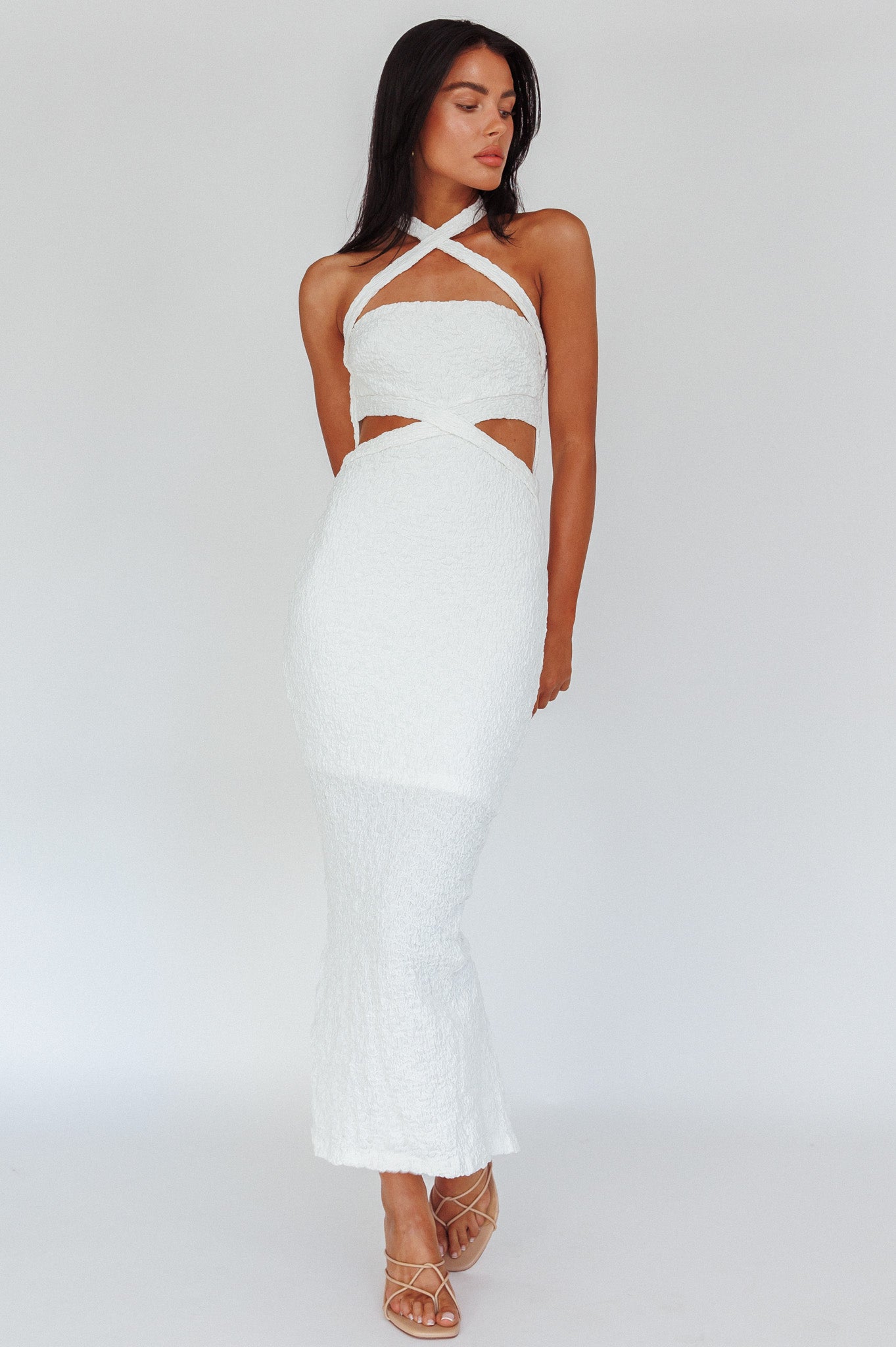 Zadriana Halterneck Textured Midi Dress White-Fable Dress