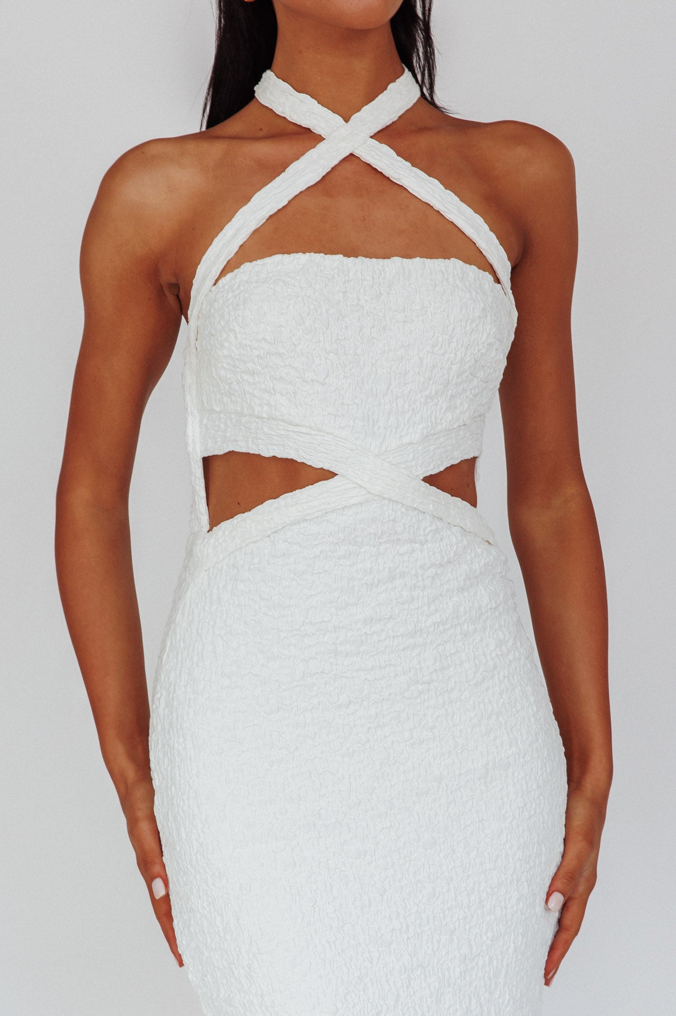 Zadriana Halterneck Textured Midi Dress White-Fable Dress