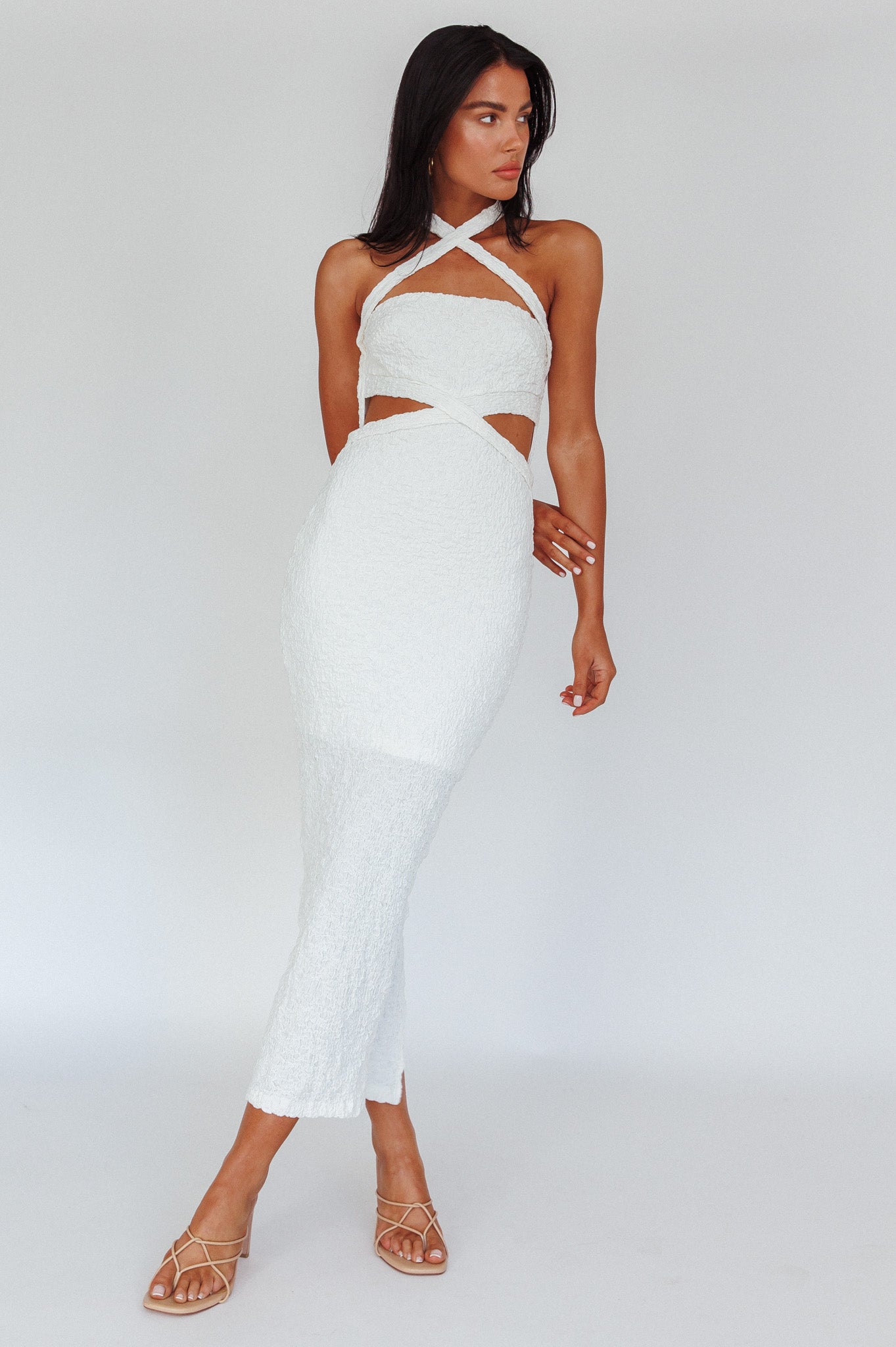 Zadriana Halterneck Textured Midi Dress White-Fable Dress