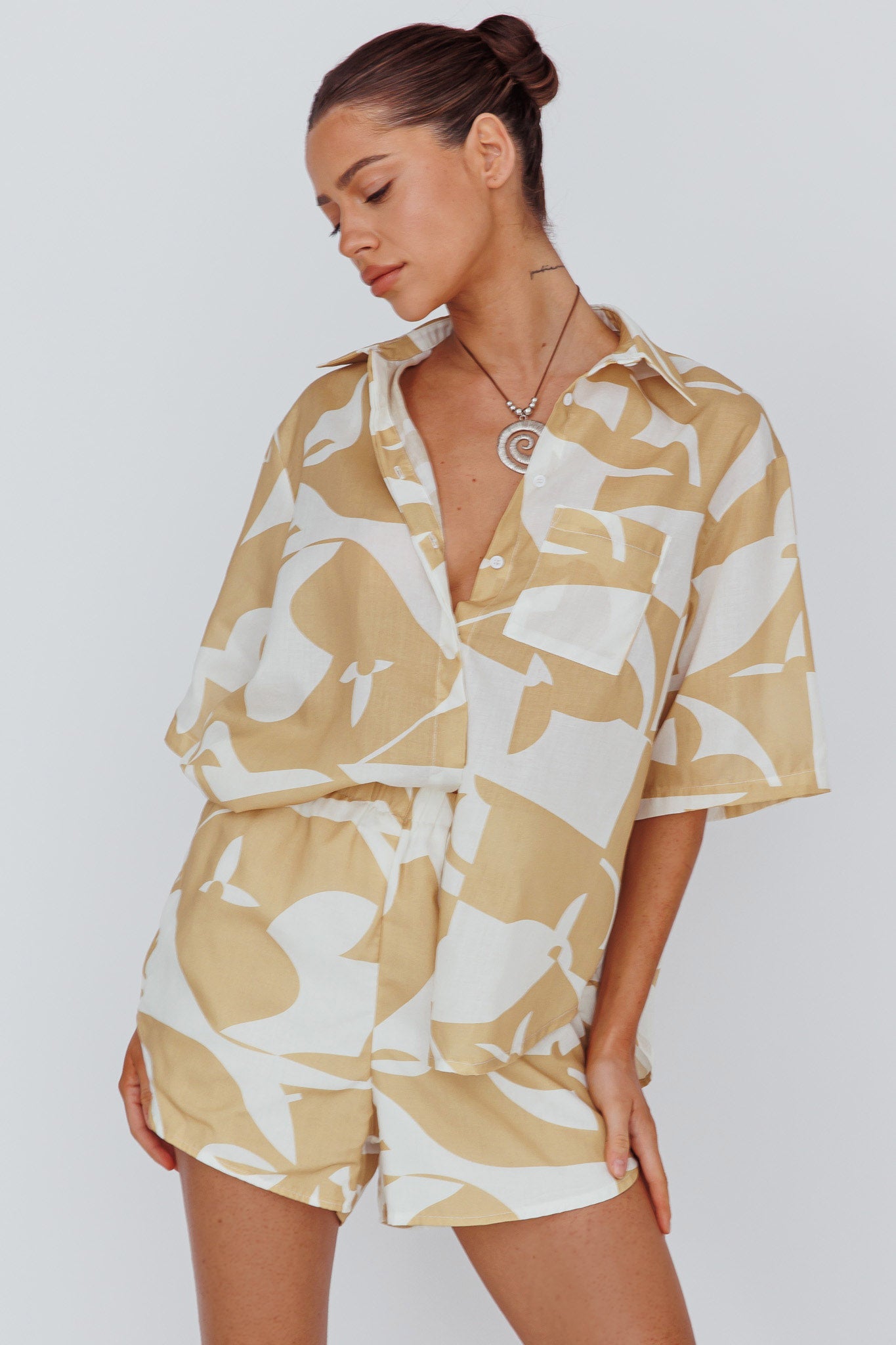 On Vacay Button-Up Shirt Print Yellow-Fable Dress