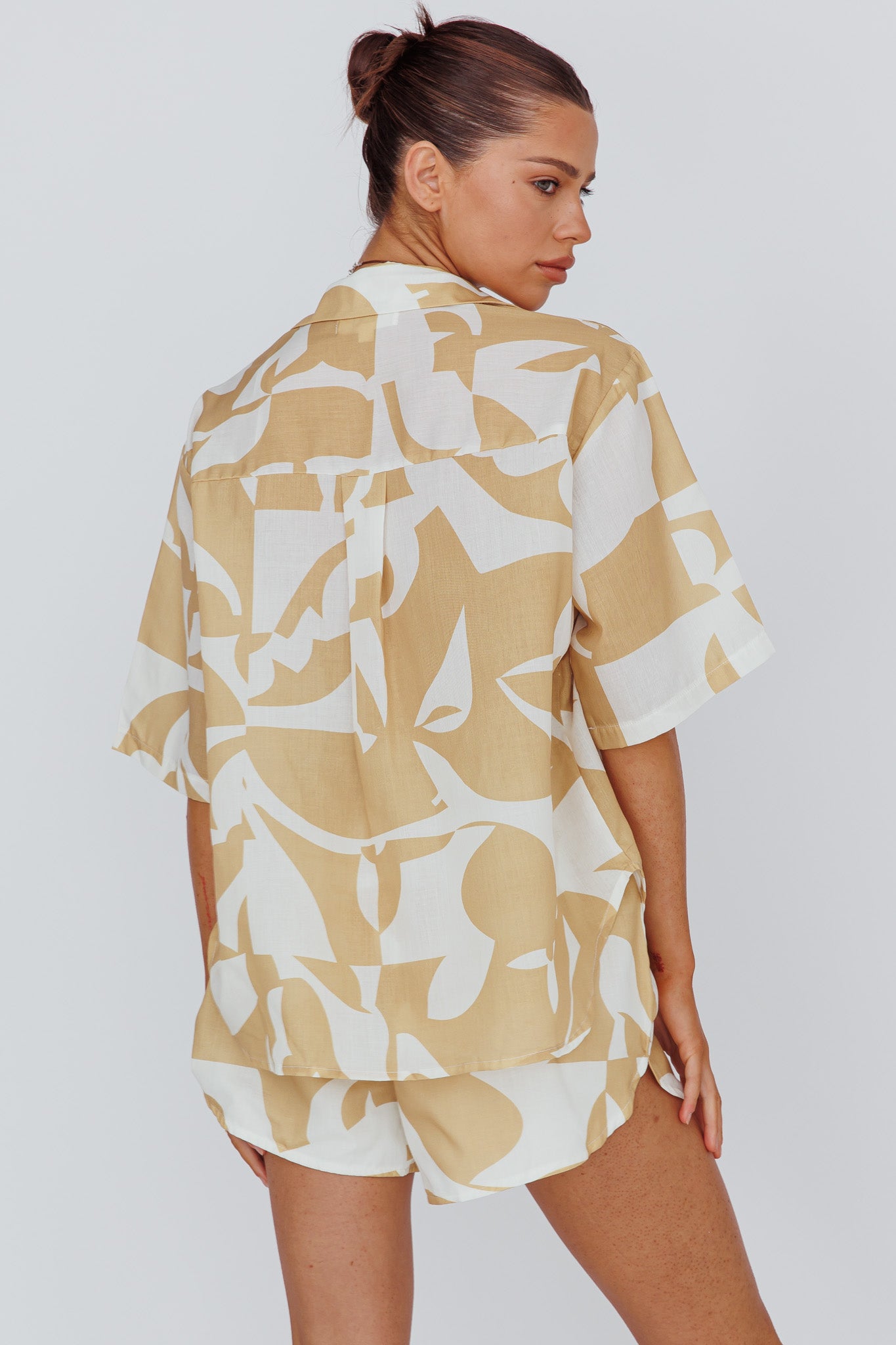 On Vacay Button-Up Shirt Print Yellow-Fable Dress