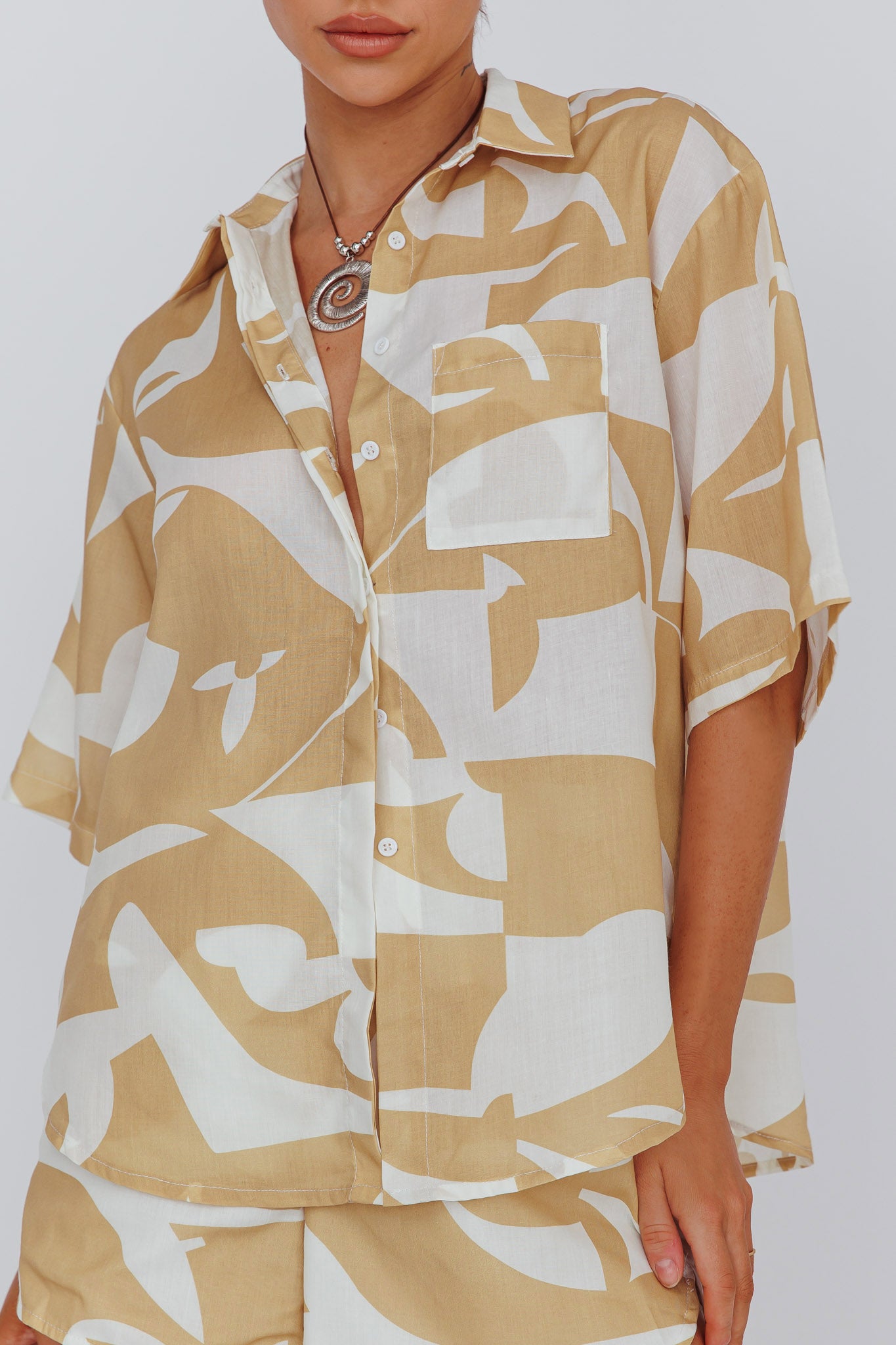 On Vacay Button-Up Shirt Print Yellow-Fable Dress