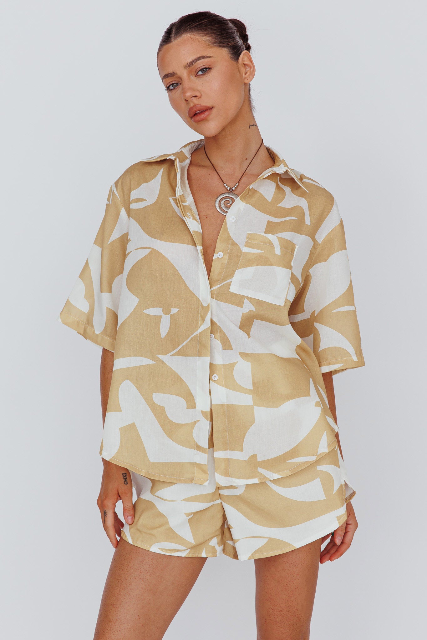On Vacay Button-Up Shirt Print Yellow-Fable Dress