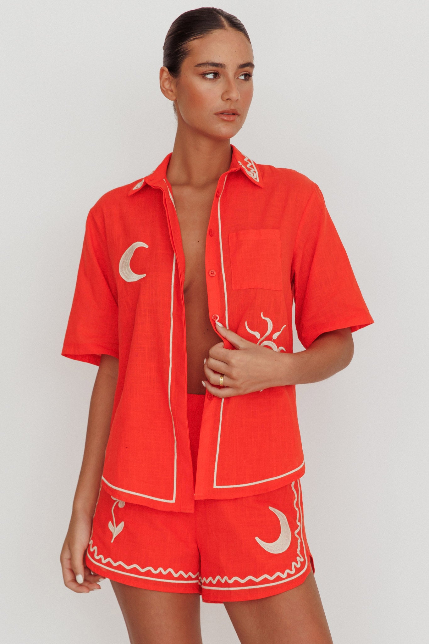 On Vacay Embroidered Button-Up Shirt Orange-Fable Dress