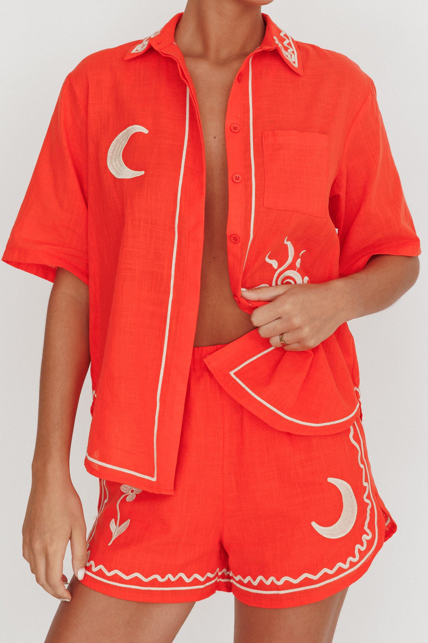 On Vacay Embroidered Button-Up Shirt Orange-Fable Dress