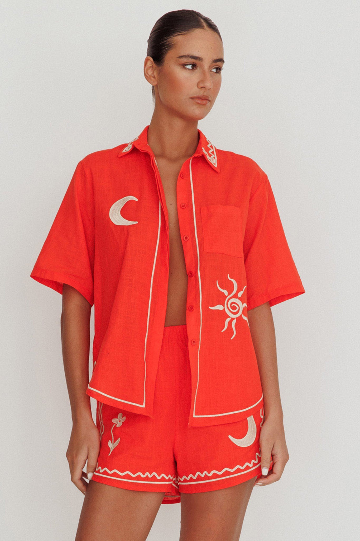 On Vacay Embroidered Button-Up Shirt Orange-Fable Dress