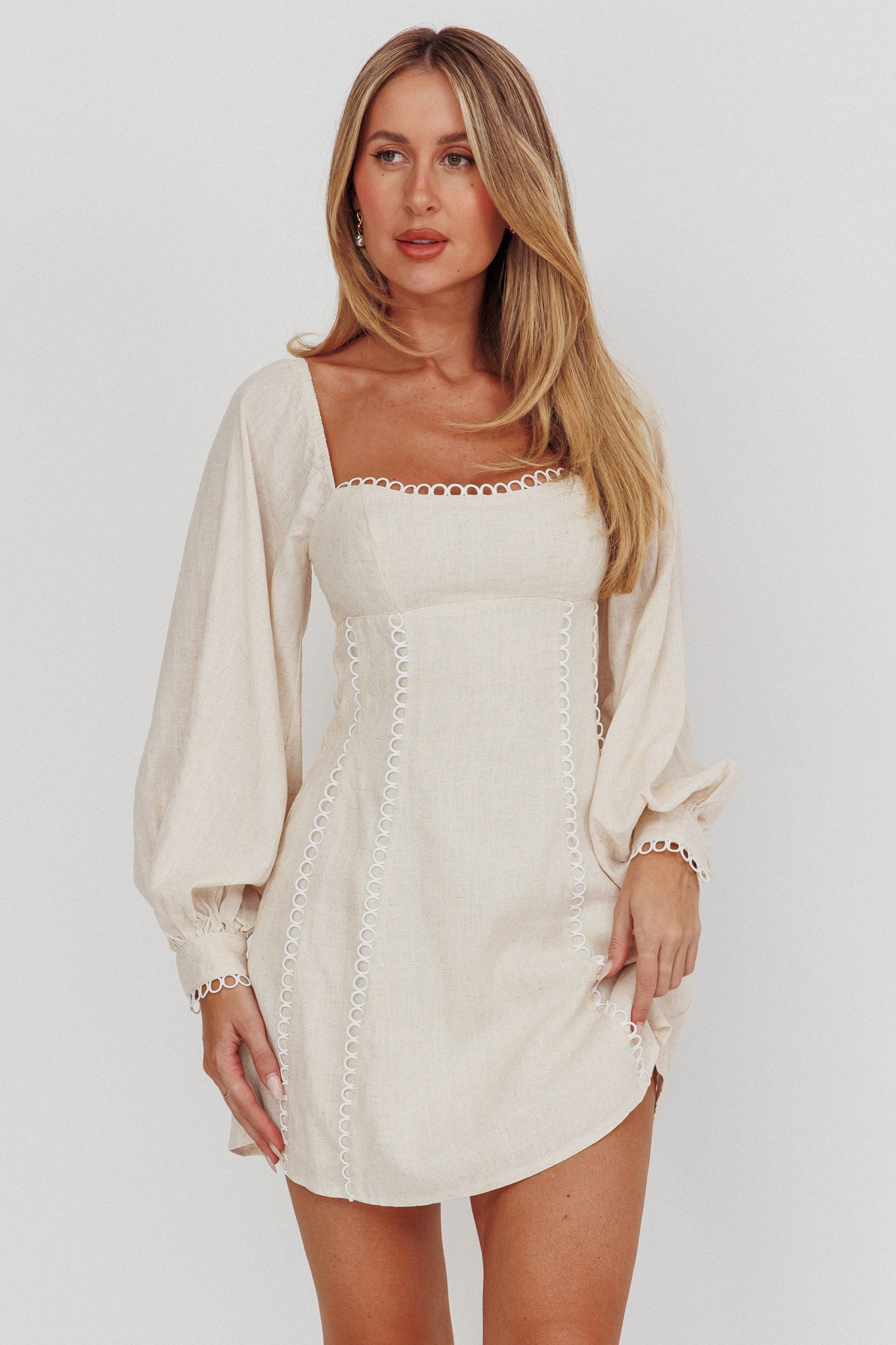 Chamberlain Balloon Sleeves Mini Dress Beige-Fable Dress