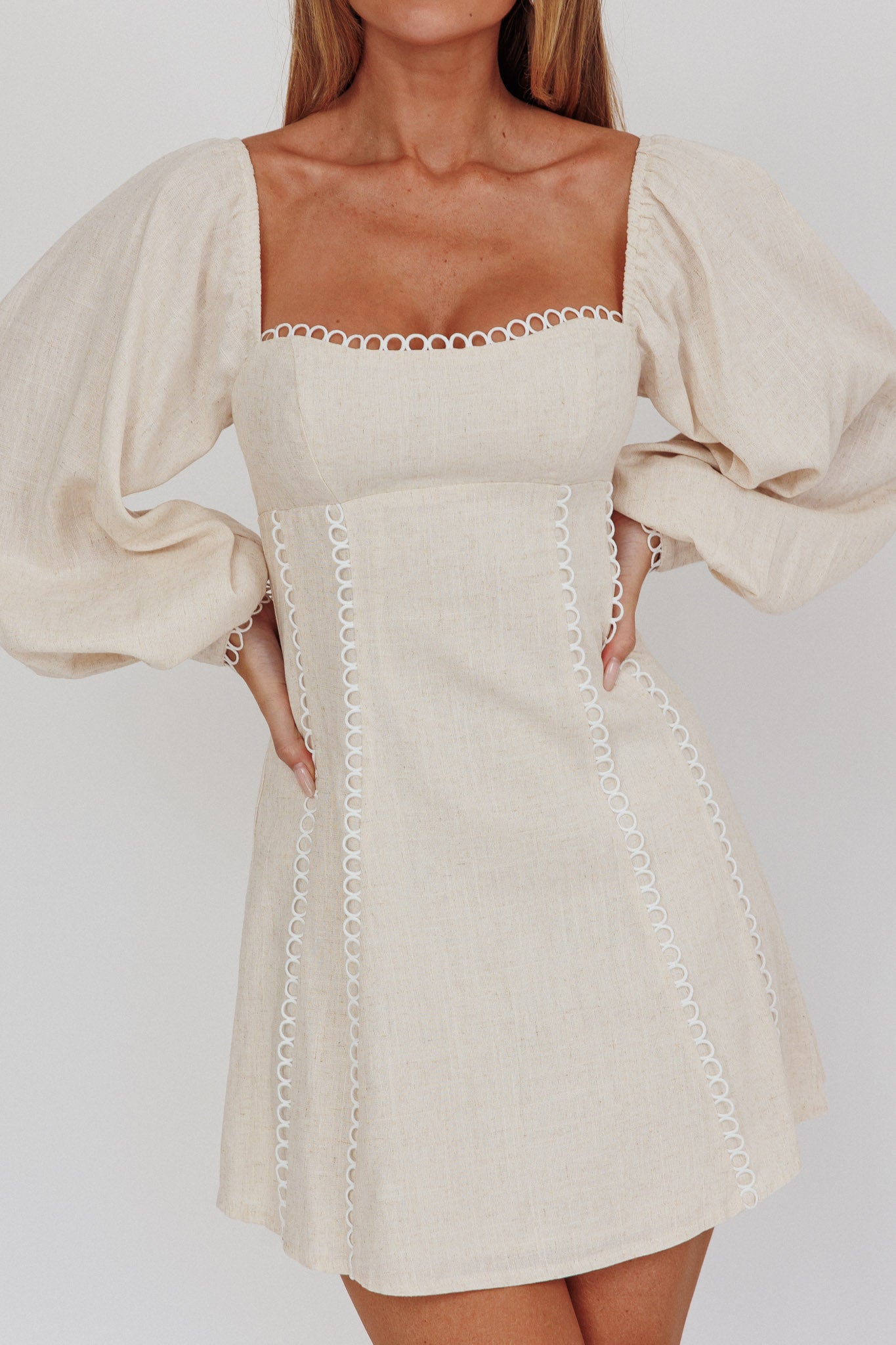 Chamberlain Balloon Sleeves Mini Dress Beige-Fable Dress