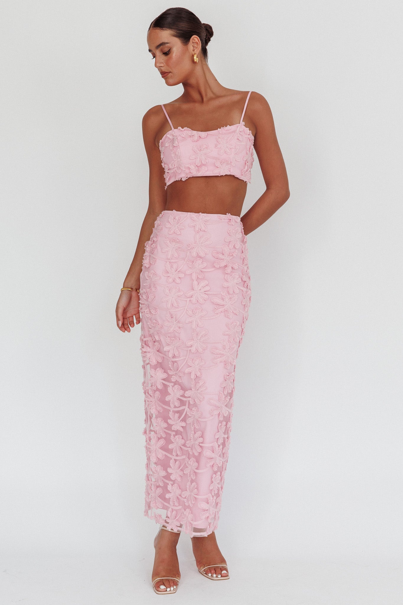 Casi Palm Tree Embroidered Maxi Skirt Baby Pink-Fable Dress