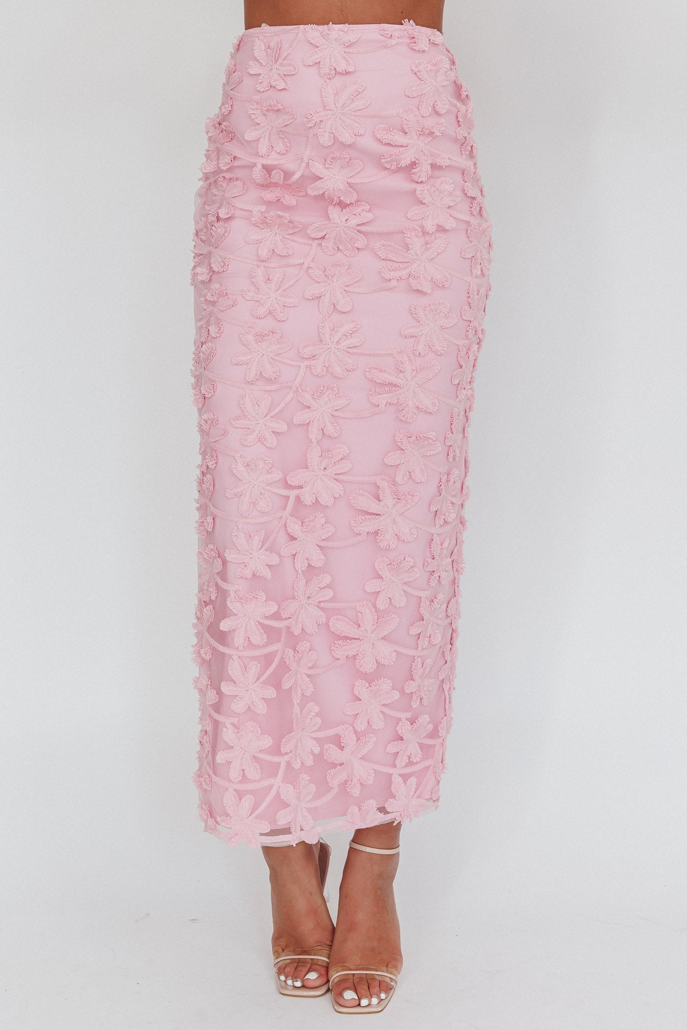 Casi Palm Tree Embroidered Maxi Skirt Baby Pink-Fable Dress