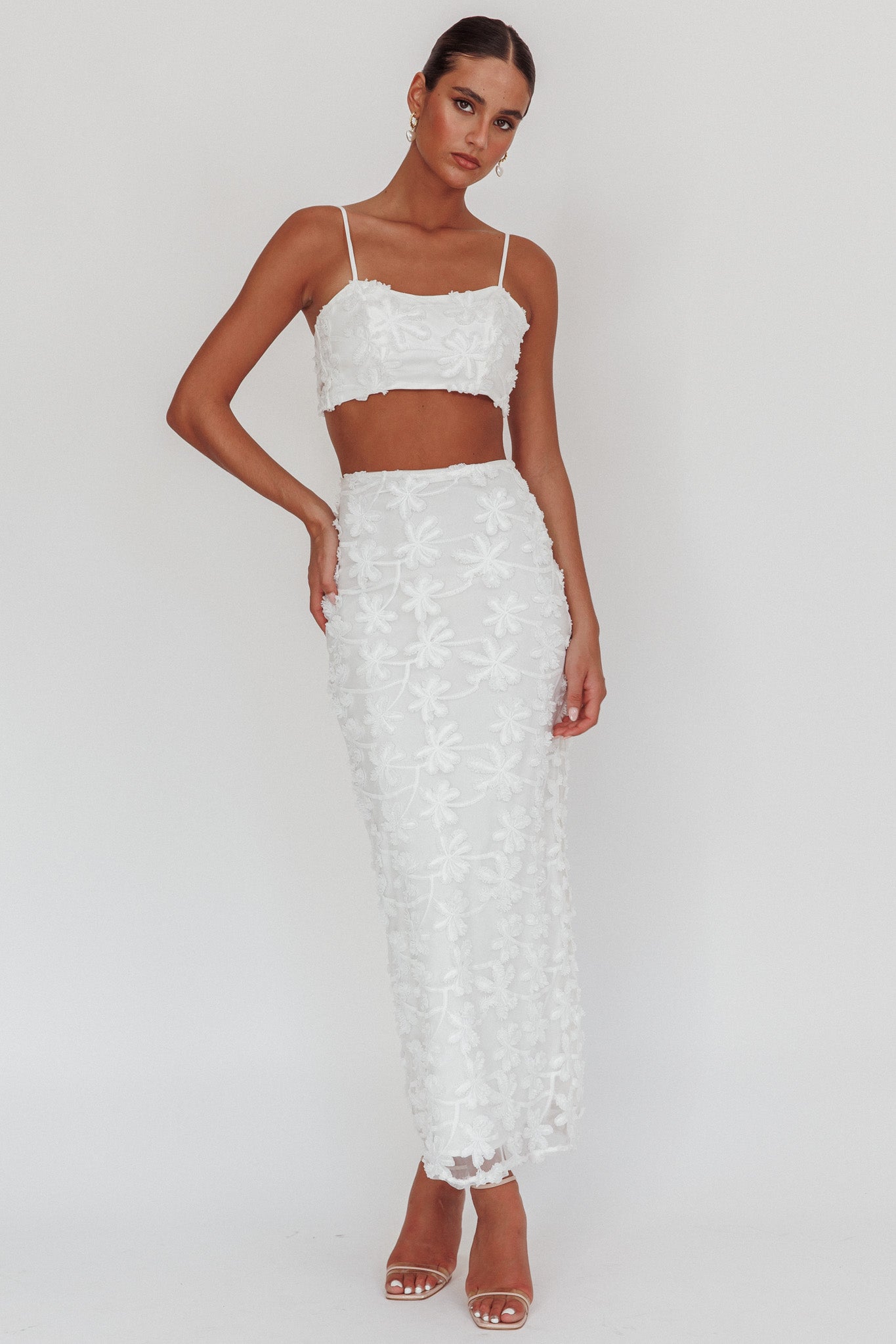 Casi Palm Tree Embroidered Maxi Skirt White-Fable Dress