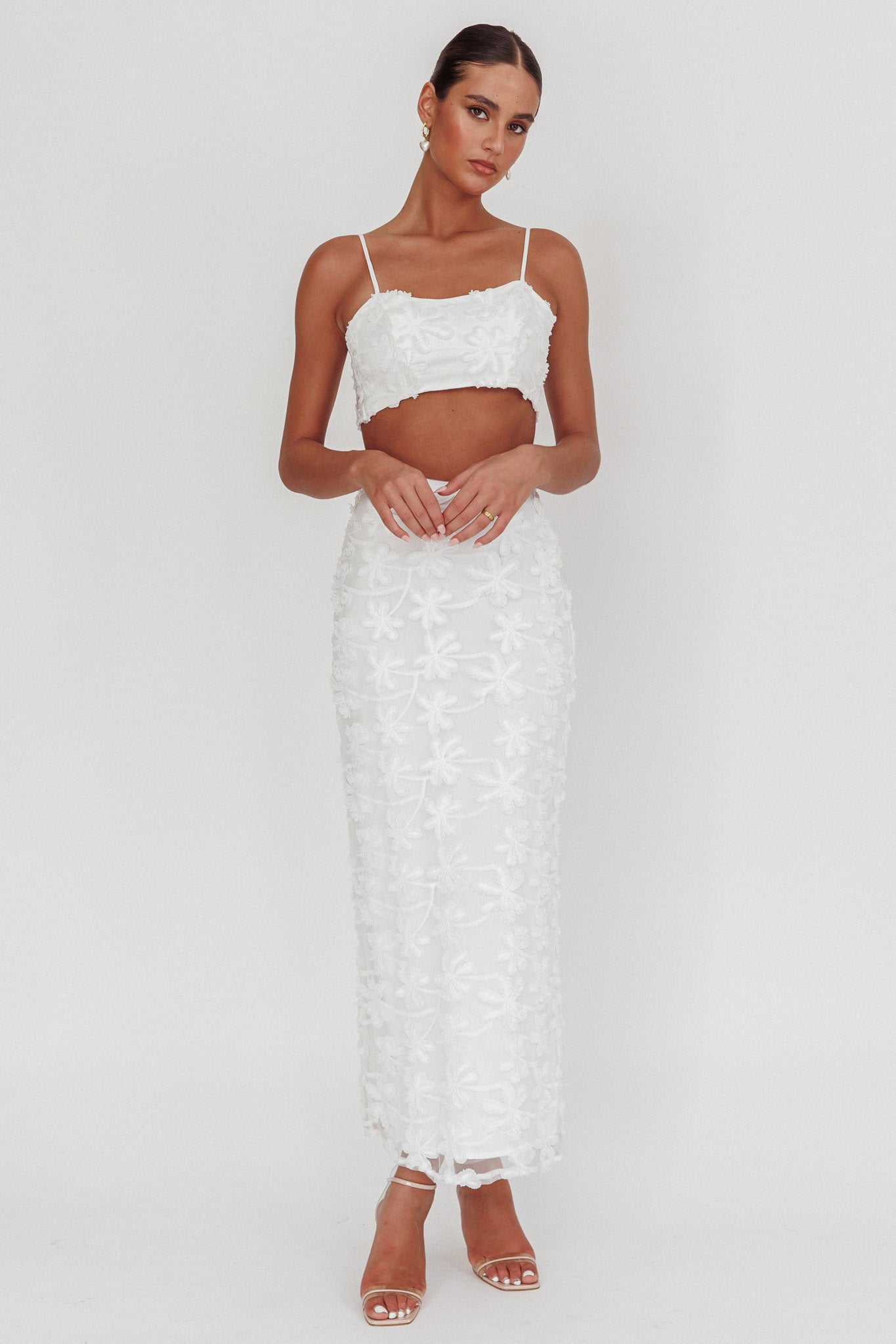 Casi Palm Tree Embroidered Maxi Skirt White-Fable Dress