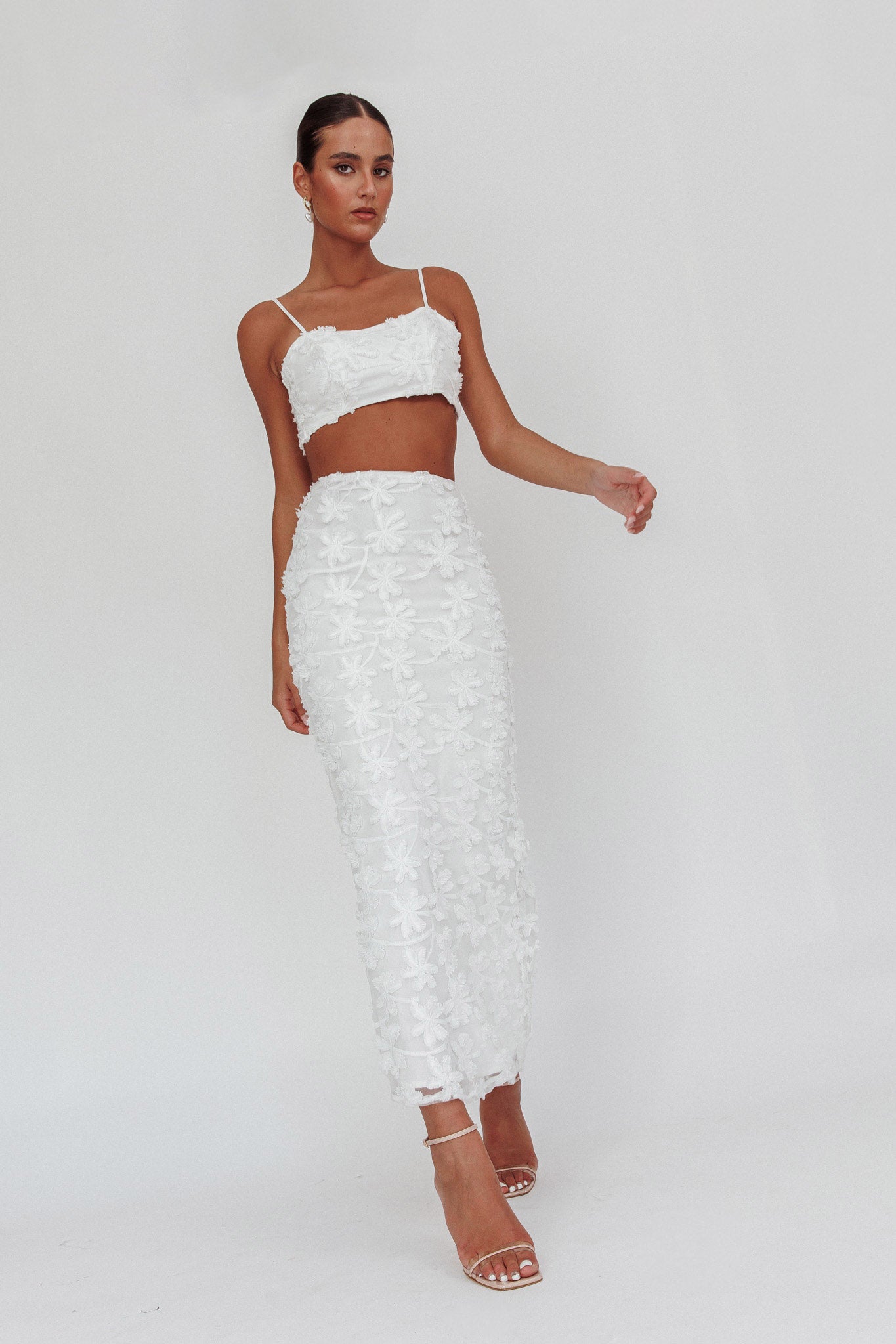 Casi Palm Tree Embroidered Maxi Skirt White-Fable Dress