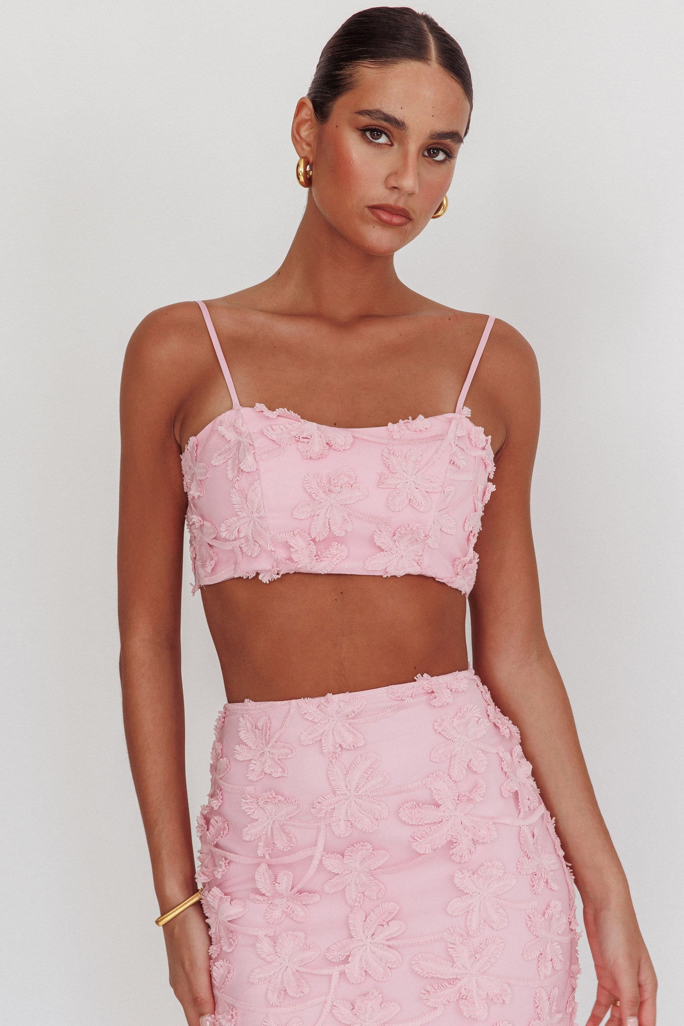 Casi Tied Back Crop Top Embroidered Baby Pink-Fable Dress