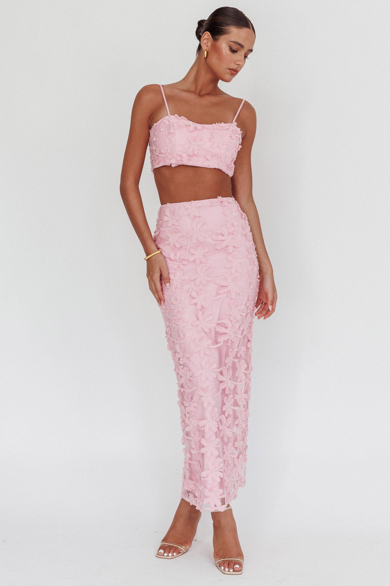 Casi Tied Back Crop Top Embroidered Baby Pink-Fable Dress