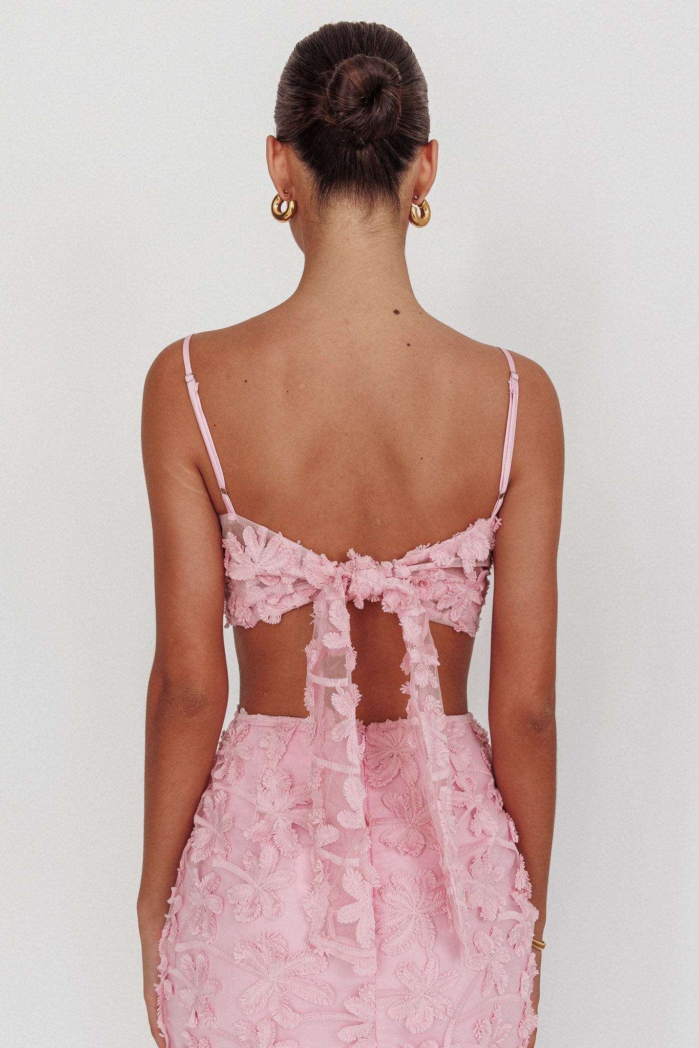 Casi Tied Back Crop Top Embroidered Baby Pink-Fable Dress