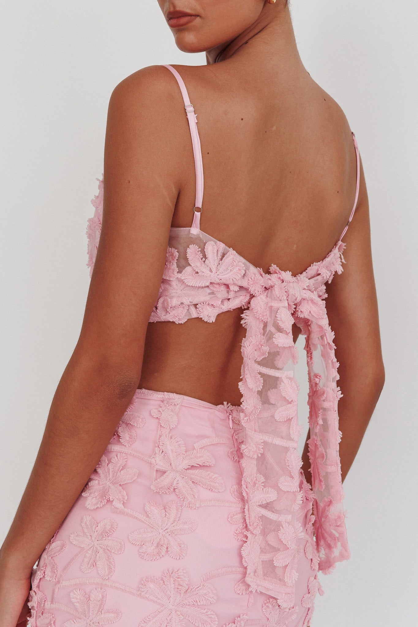 Casi Tied Back Crop Top Embroidered Baby Pink-Fable Dress