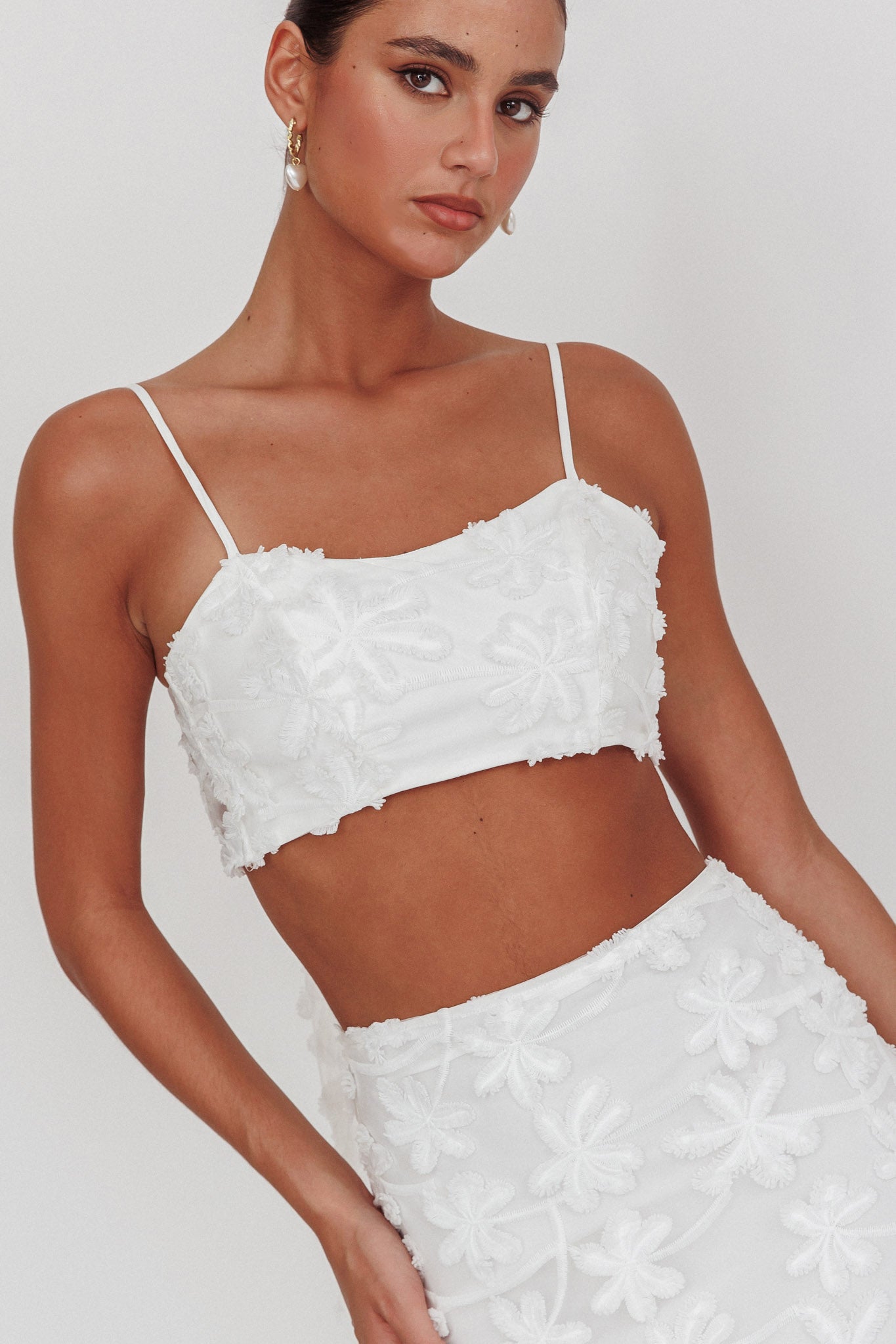Casi Tied Back Crop Top Embroidered White-Fable Dress