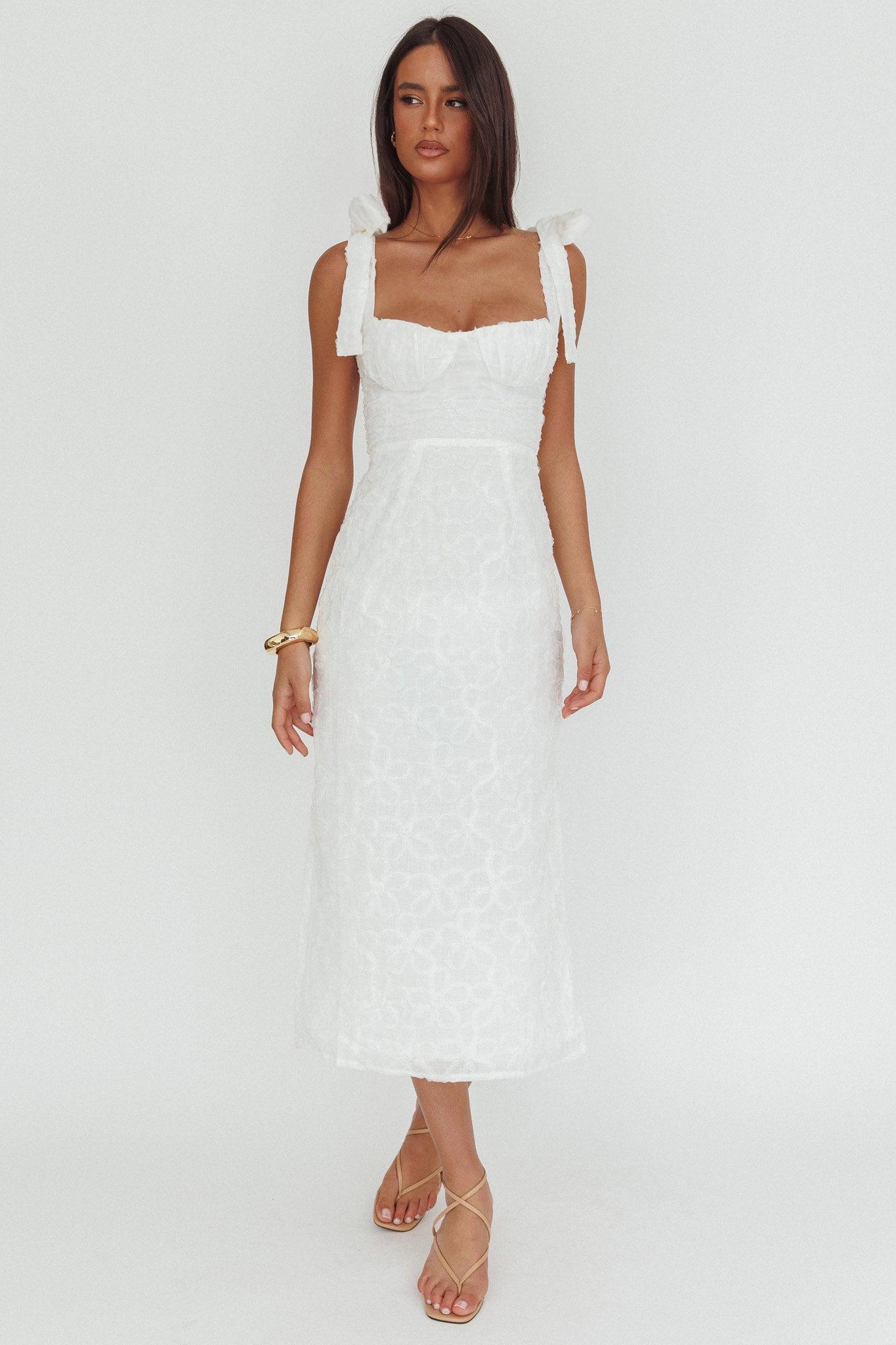 Cupid Tied Shoulder Embellished Midi Dress White-Fable Dress