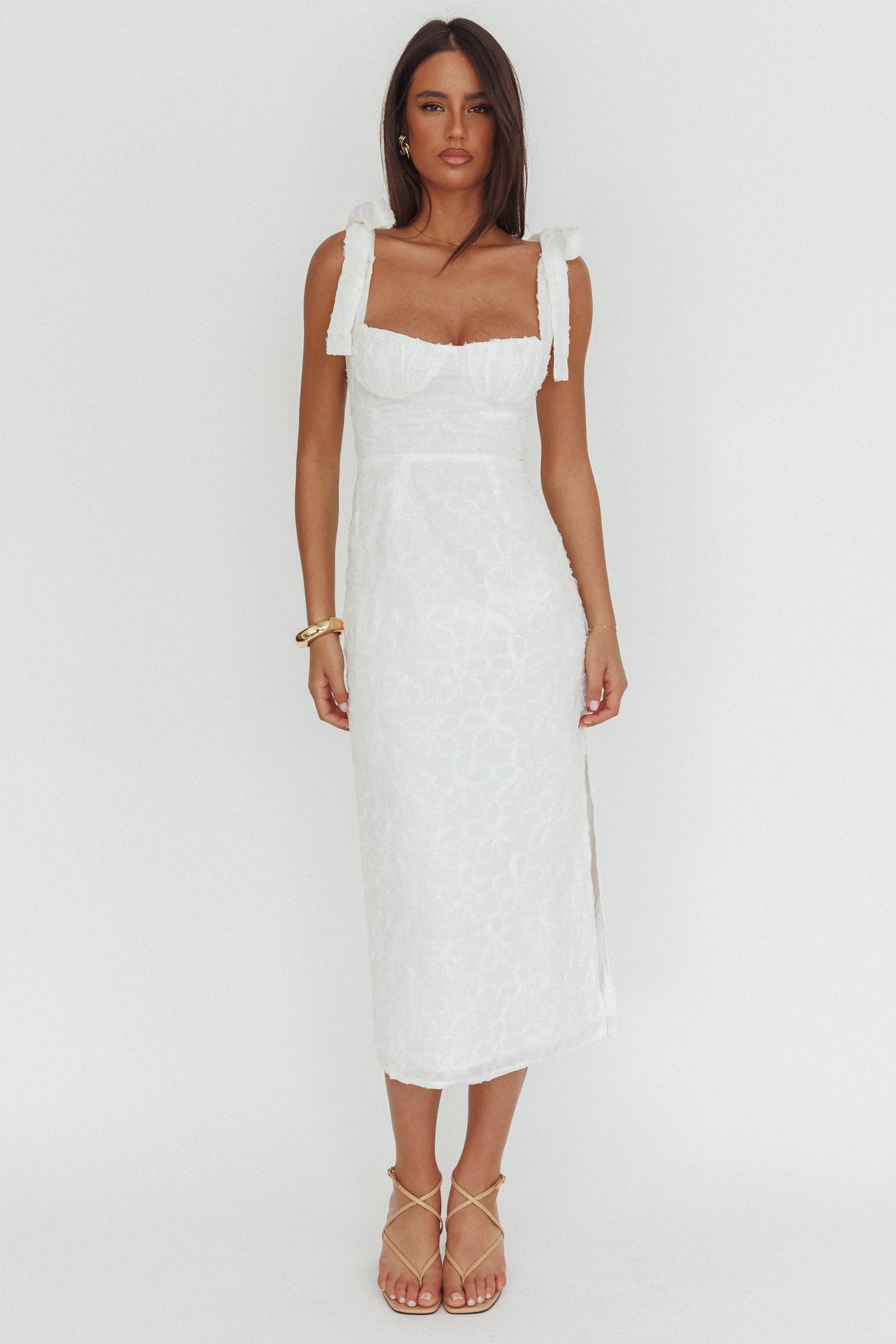 Cupid Tied Shoulder Embellished Midi Dress White-Fable Dress