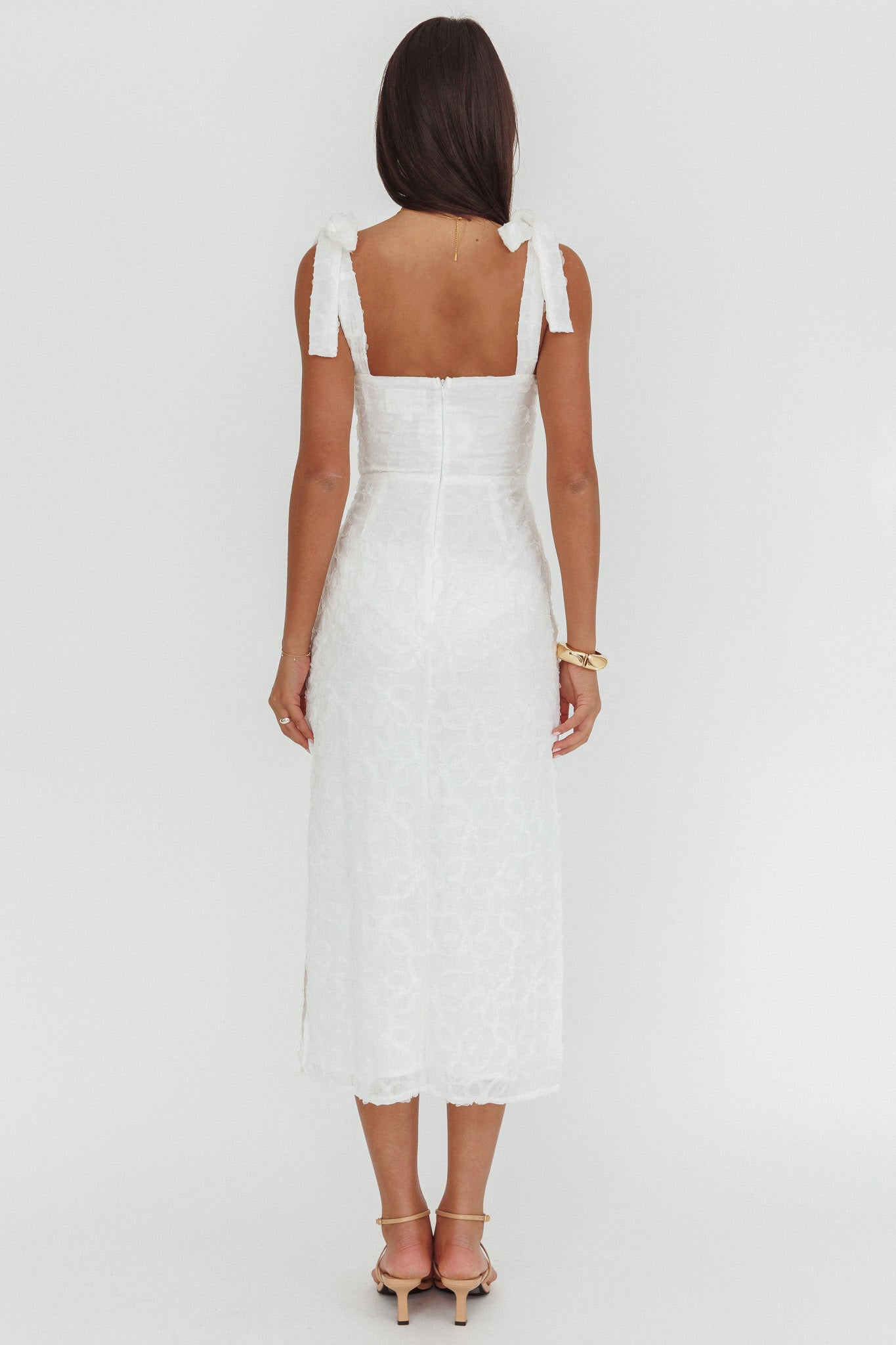 Cupid Tied Shoulder Embellished Midi Dress White-Fable Dress